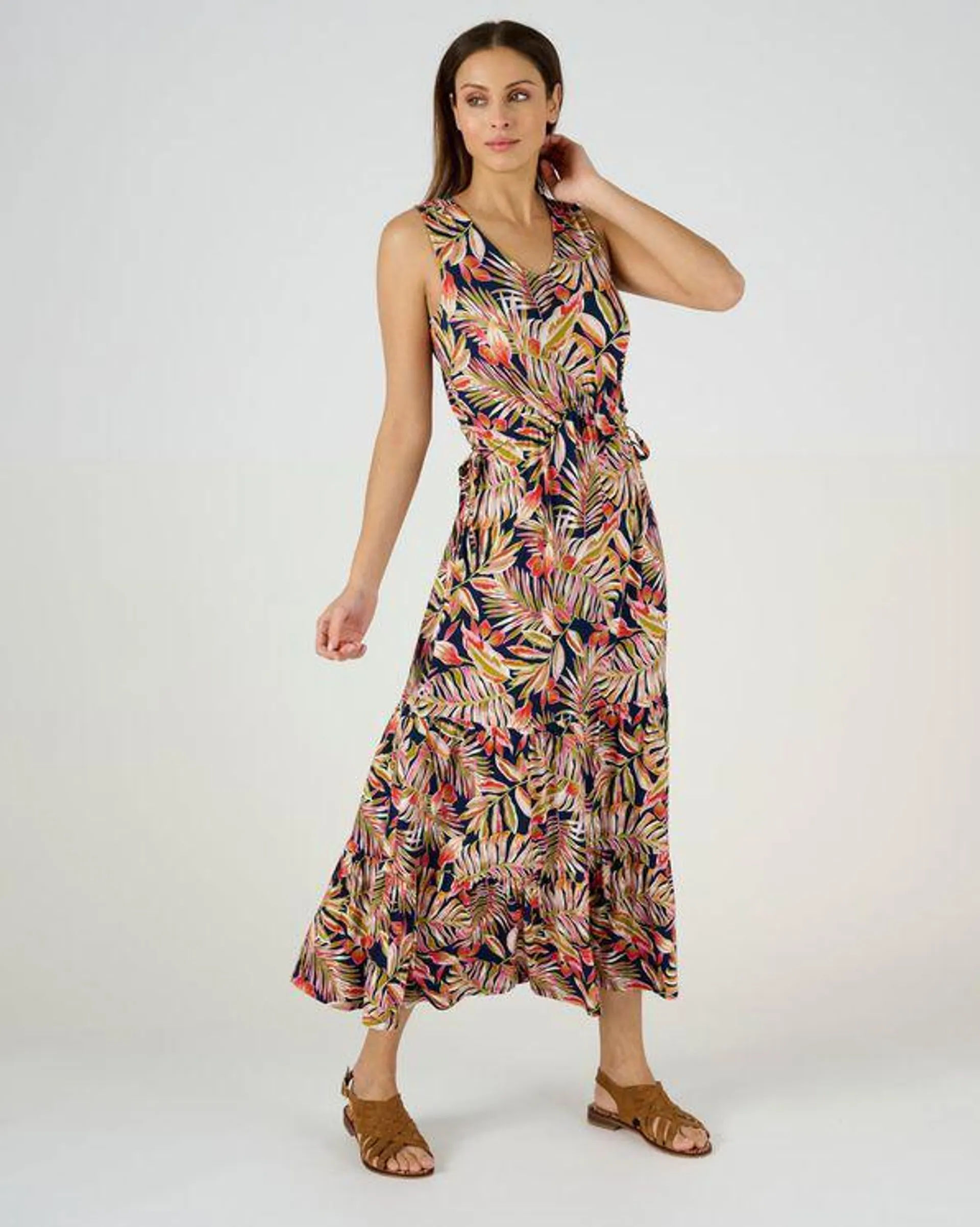 Lange jurk in stretchtricot met tropische print