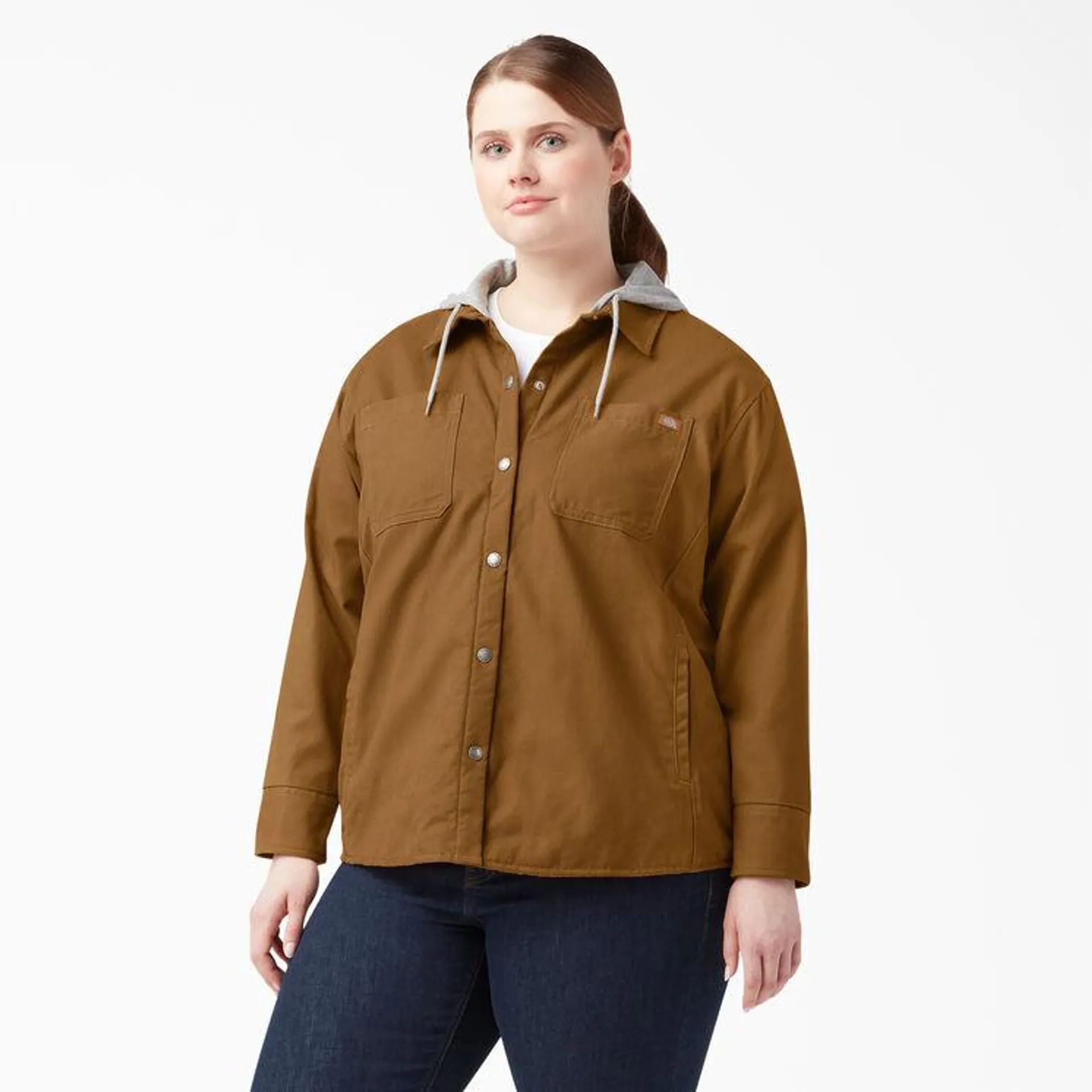 Women’s Plus Duck Hooded Shirt Jacket, Brown Duck