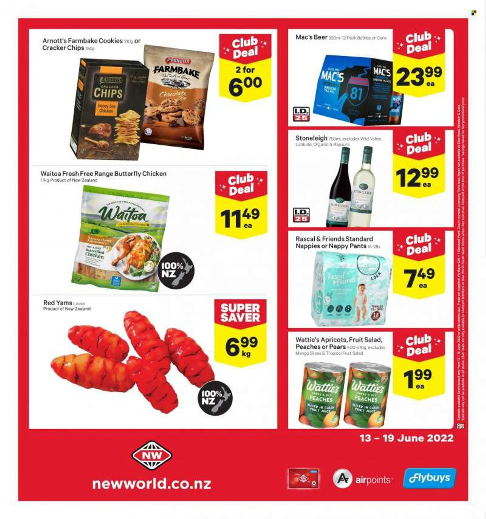 New World mailer - 13.06.2022 - 19.06.2022 - Sales products - pears, apricots, peaches, Watties, cookies, crackers, chips, fruit salad, beer, Mac’s, pants, nappies. Page 2.