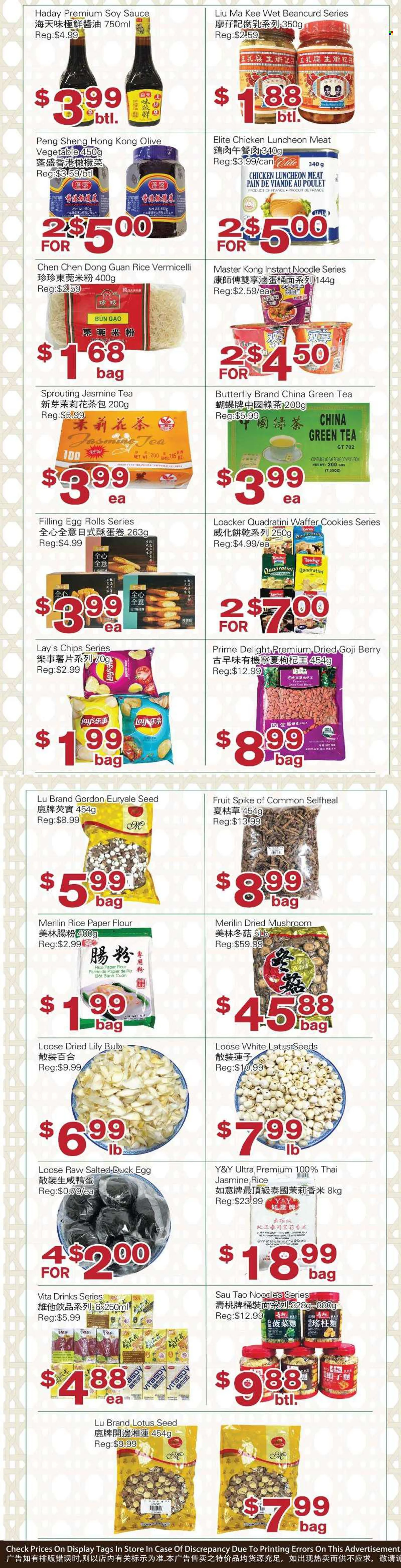 First Choice Supermarket Flyer - June 17, 2022 - June 23, 2022 - Sales products - mushroom, sauce, egg rolls, noodles, lunch meat, cookies, chips, Lays, flour, rice, jasmine rice, rice vermicelli, herbs, soy sauce, green tea, tea, Lotus, bag. Page 3.