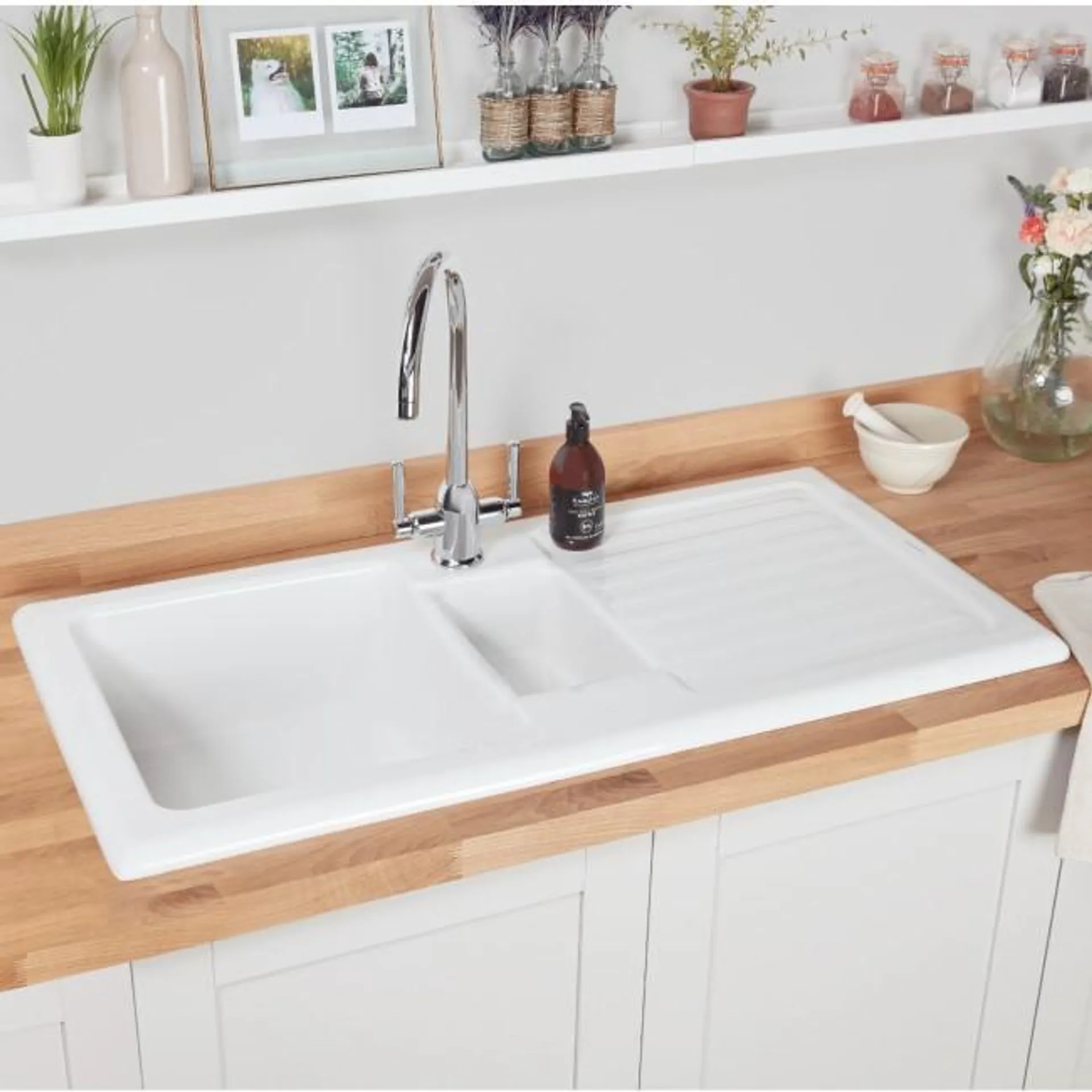 1.5 Bowl Inset White Ceramic Kitchen Sink with Reversible Drainer - Rangemaster Rustic
