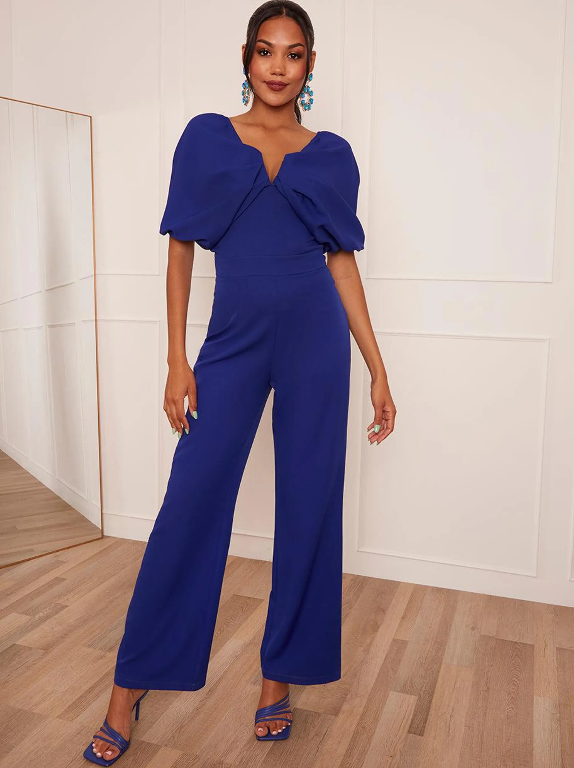 Drape Sleeve Wide Leg Jumpsuit in Blue