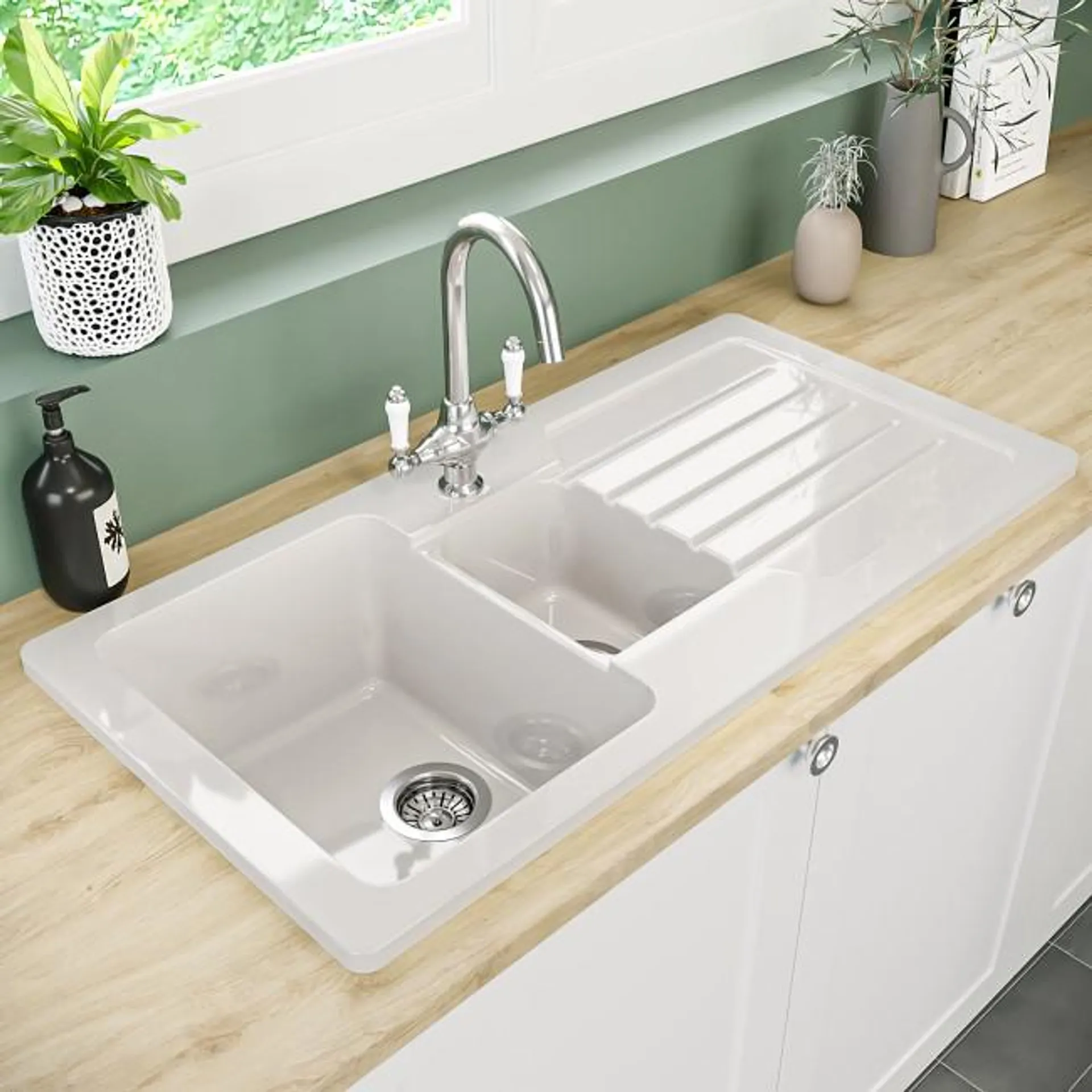 1.5 Bowl Inset White Ceramic Kitchen Sink with Reversible Drainer - Alexandra