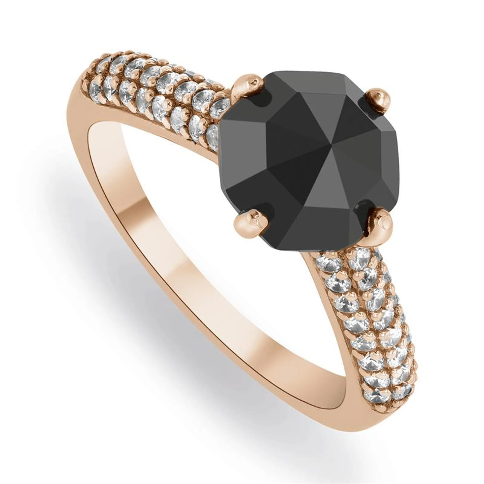 Rose-Toned Sterling Silver & Iconic Cut Black Cubic Zirconia Ring
