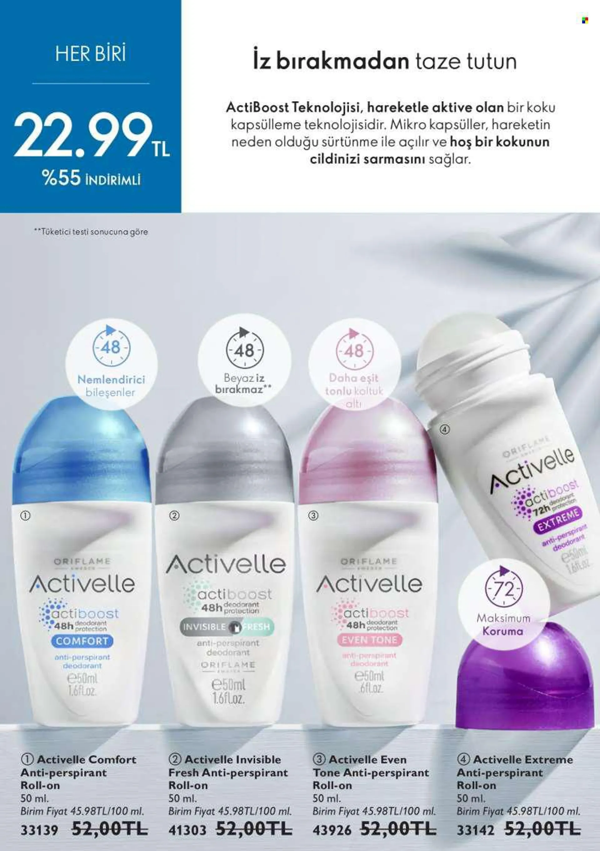Oriflame aktüel ürünler, broşür  - 7.1.2022 - 7.31.2022 - Satıştaki ürünler - roll-on, nemlendirici, deodorant, anti-perspirant. Sayfa 124.