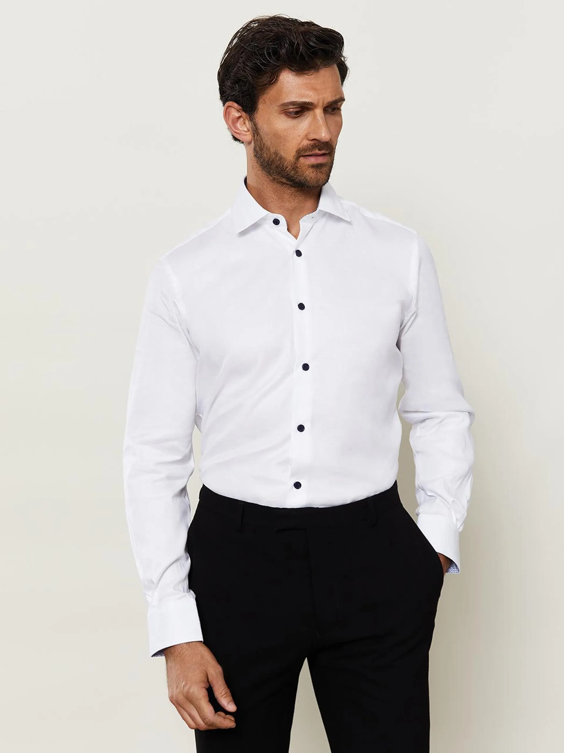 White Single Cuff Shirt with Contrast Buttons