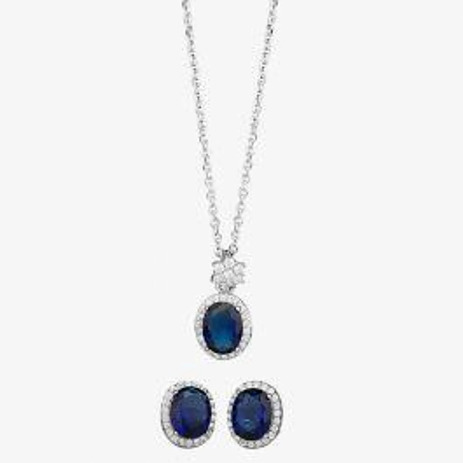 Silver Blue Cubic Zirconia Oval Pendant and Earrings SET11163