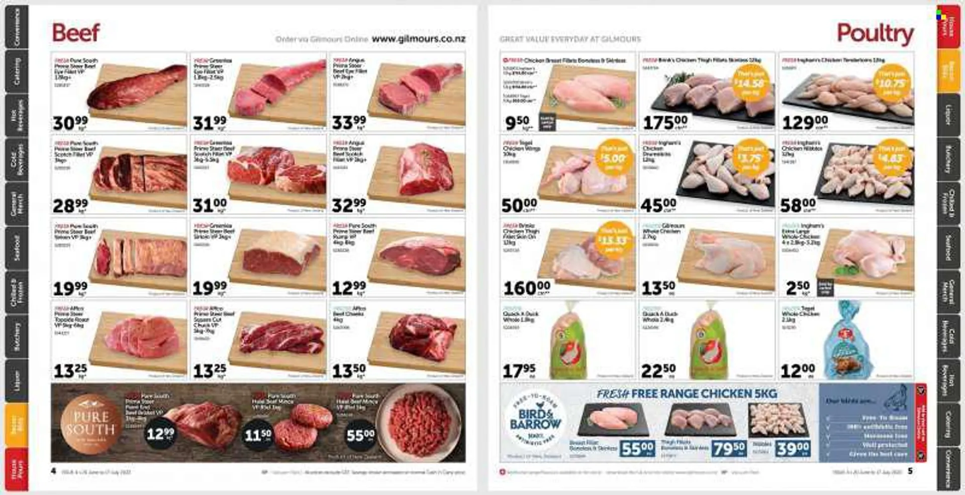 Gilmours mailer - 20.06.2022 - 17.07.2022 - Sales products - seafood, bacon, chicken wings, liquor, whole chicken, chicken breasts, chicken drumsticks, chicken meat, beef meat, beef sirloin, ground beef, beef tenderloin, eye of round, beef brisket. Page 3