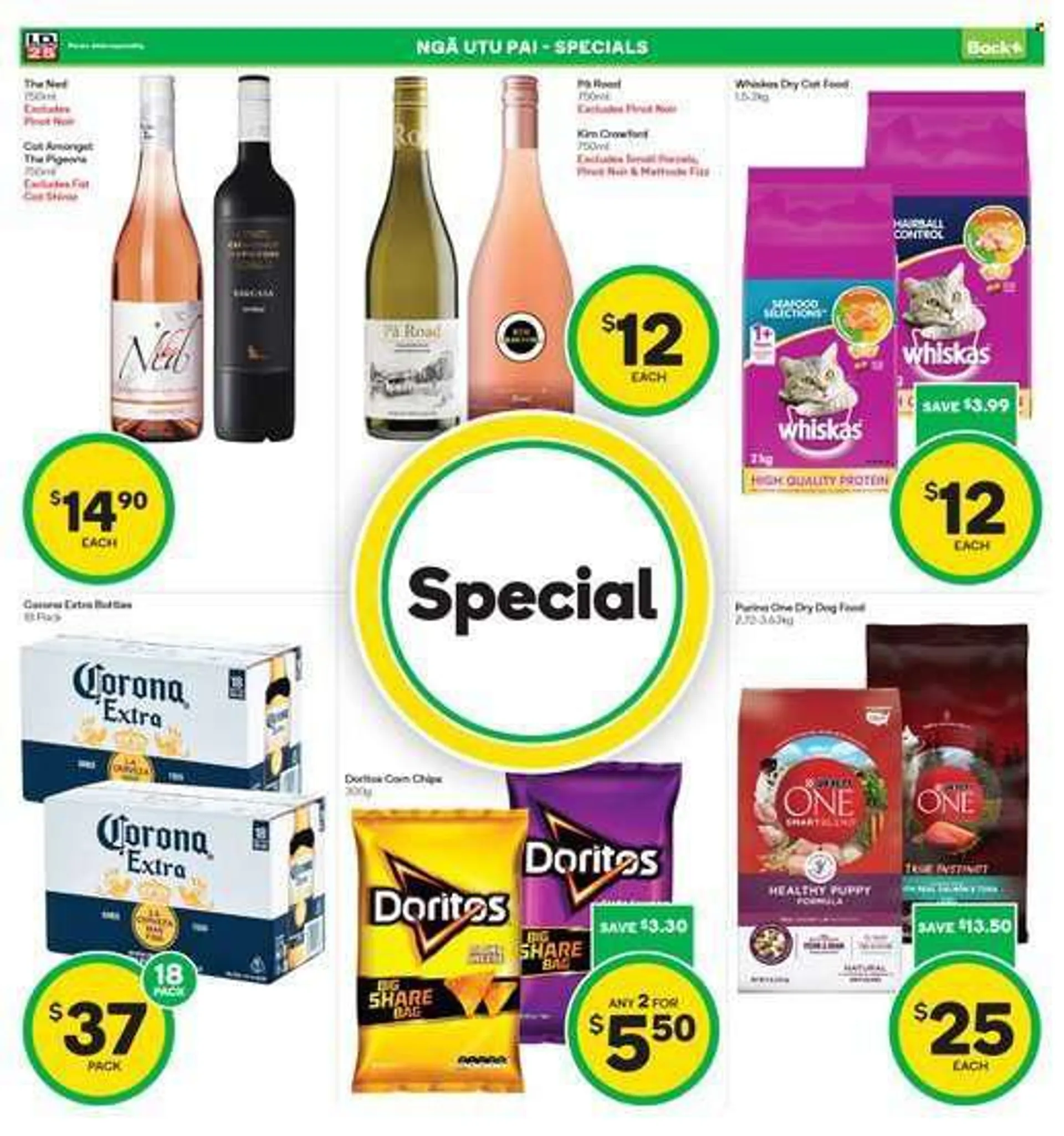 Countdown mailer - 13.06.2022 - 19.06.2022 - Sales products - Doritos, chips, red wine, wine, Pinot Noir, beer, Corona, bag, animal food, dry dog food, cat food, dog food, Whiskas, dry cat food. Page 3.