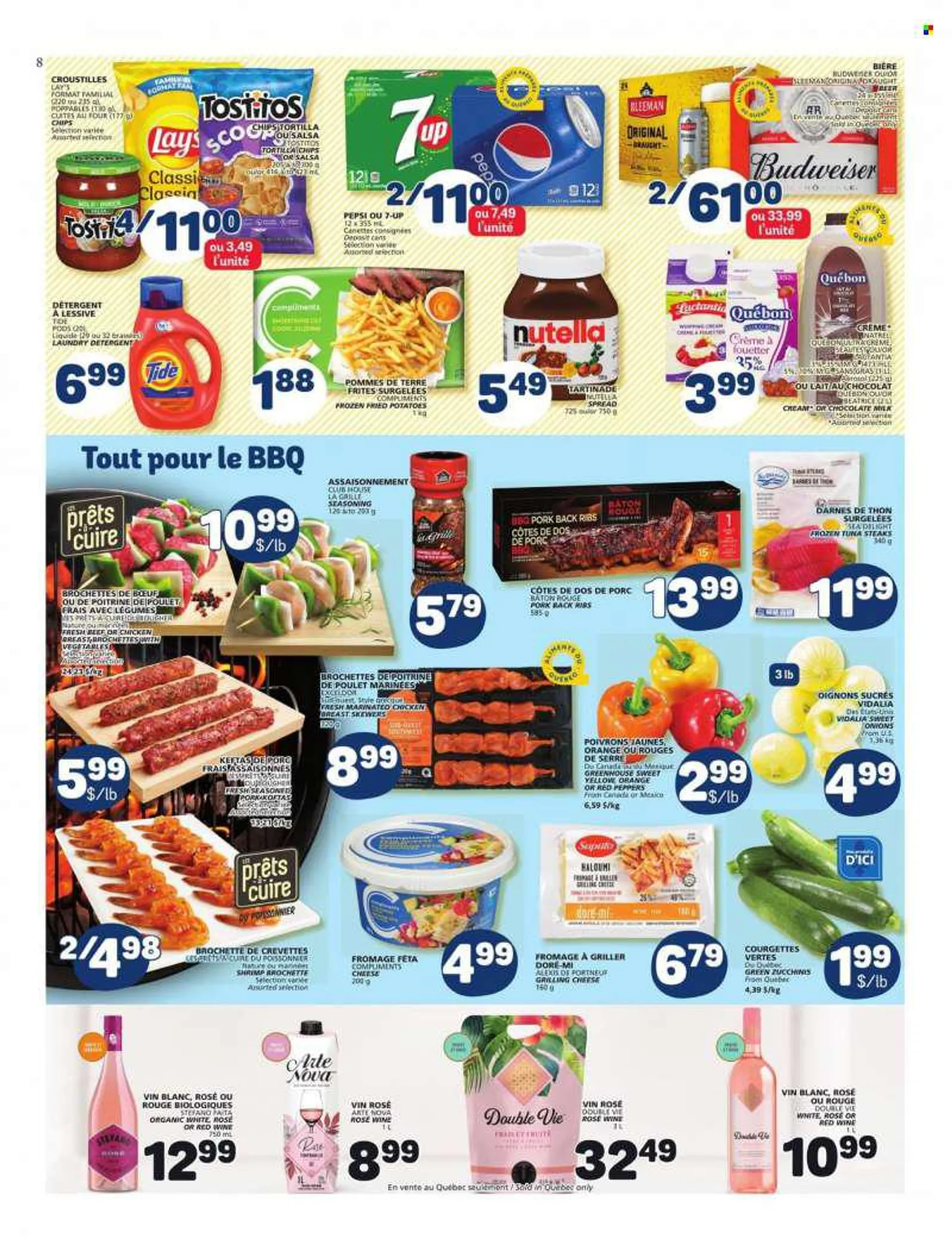 Marché Bonichoix Flyer - June 23, 2022 - June 29, 2022 - Sales products - potatoes, peppers, red peppers, tuna, shrimps, cheese, feta cheese, milk, whipping cream, milk chocolate, chocolate, tortilla chips, Lays, Tostitos, spice, salsa, Pepsi, 7UP, red wi