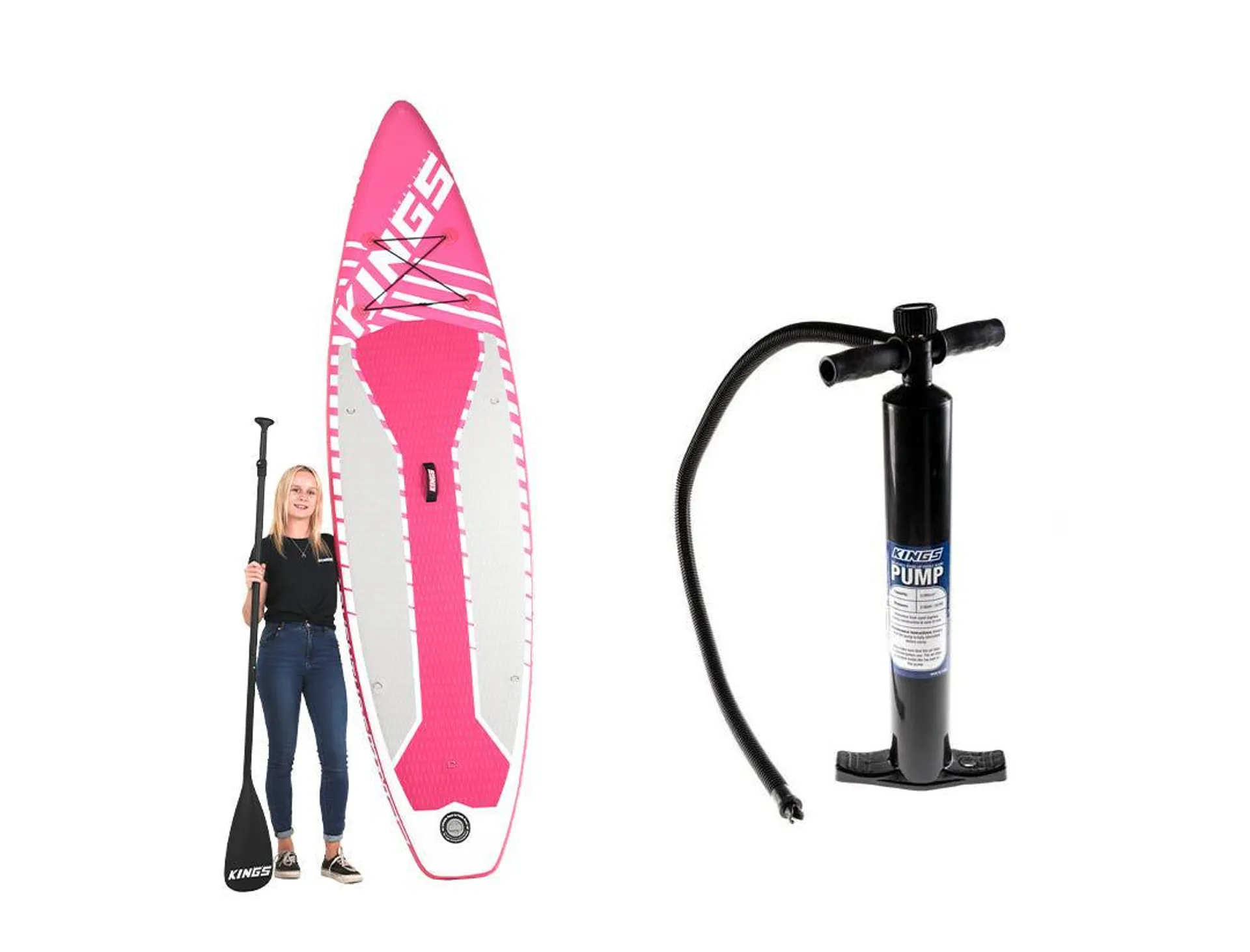 Kings Pink Inflatable Stand-Up Paddle Board + Single-Action Paddleboard Pump