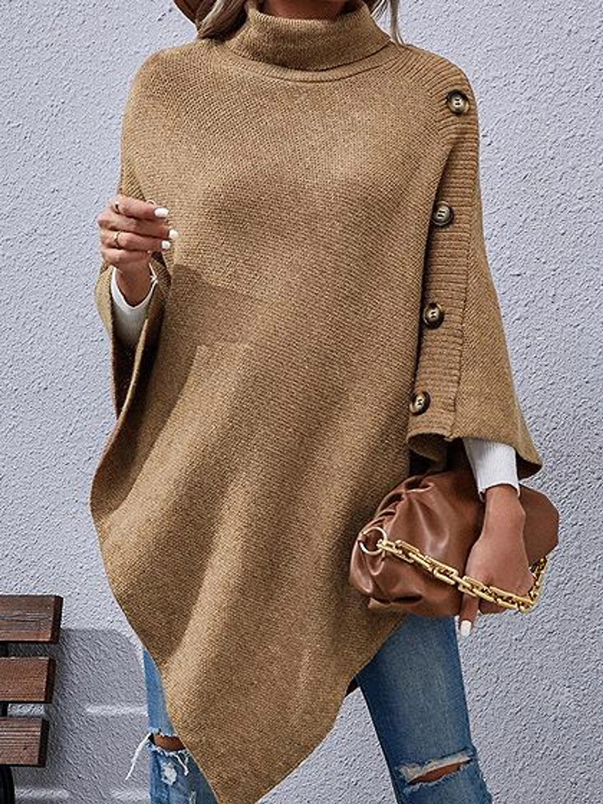 Buttons turtleneck irregular sweater cape