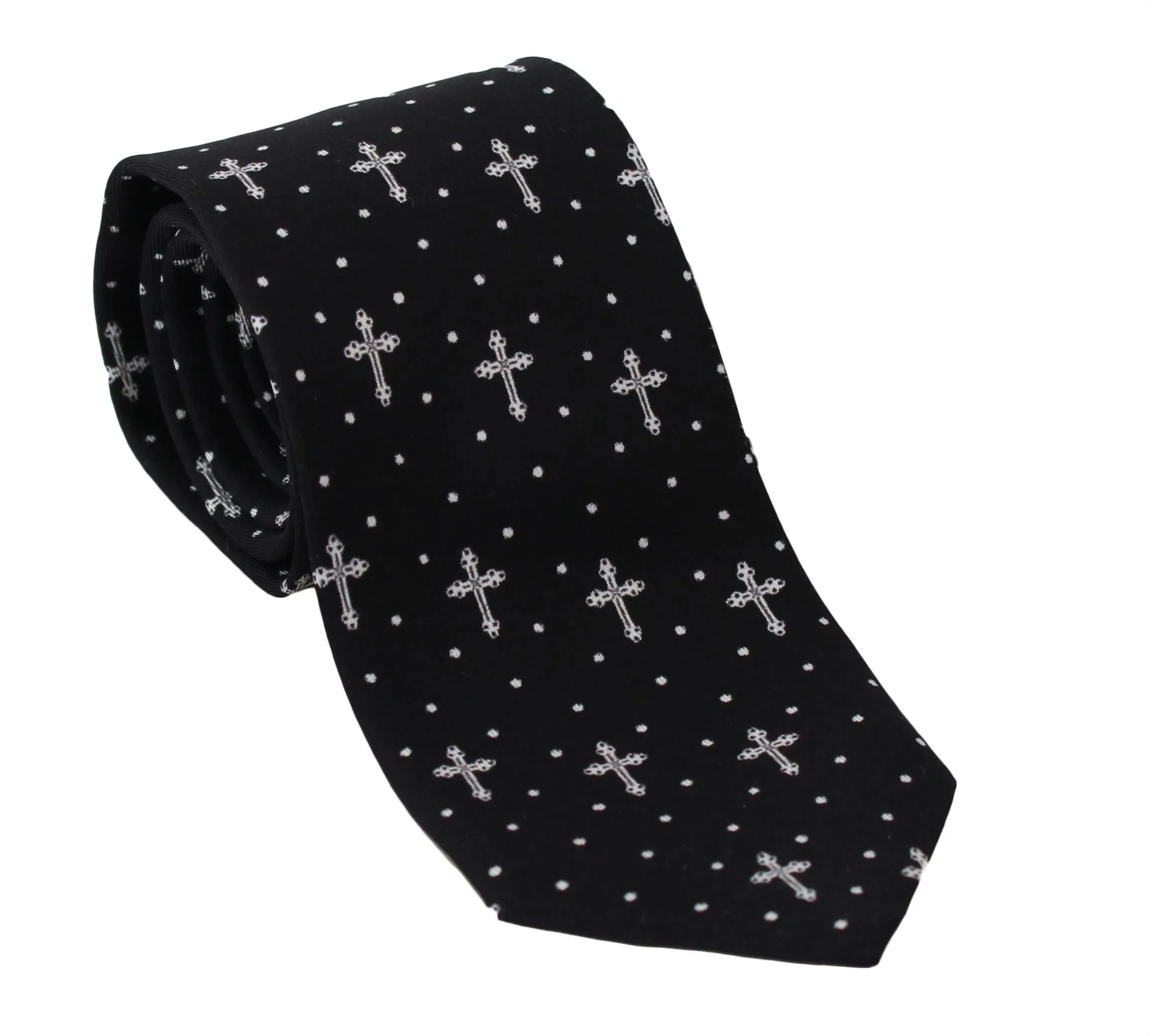 Black 100% Silk White Print Wide Necktie Tie