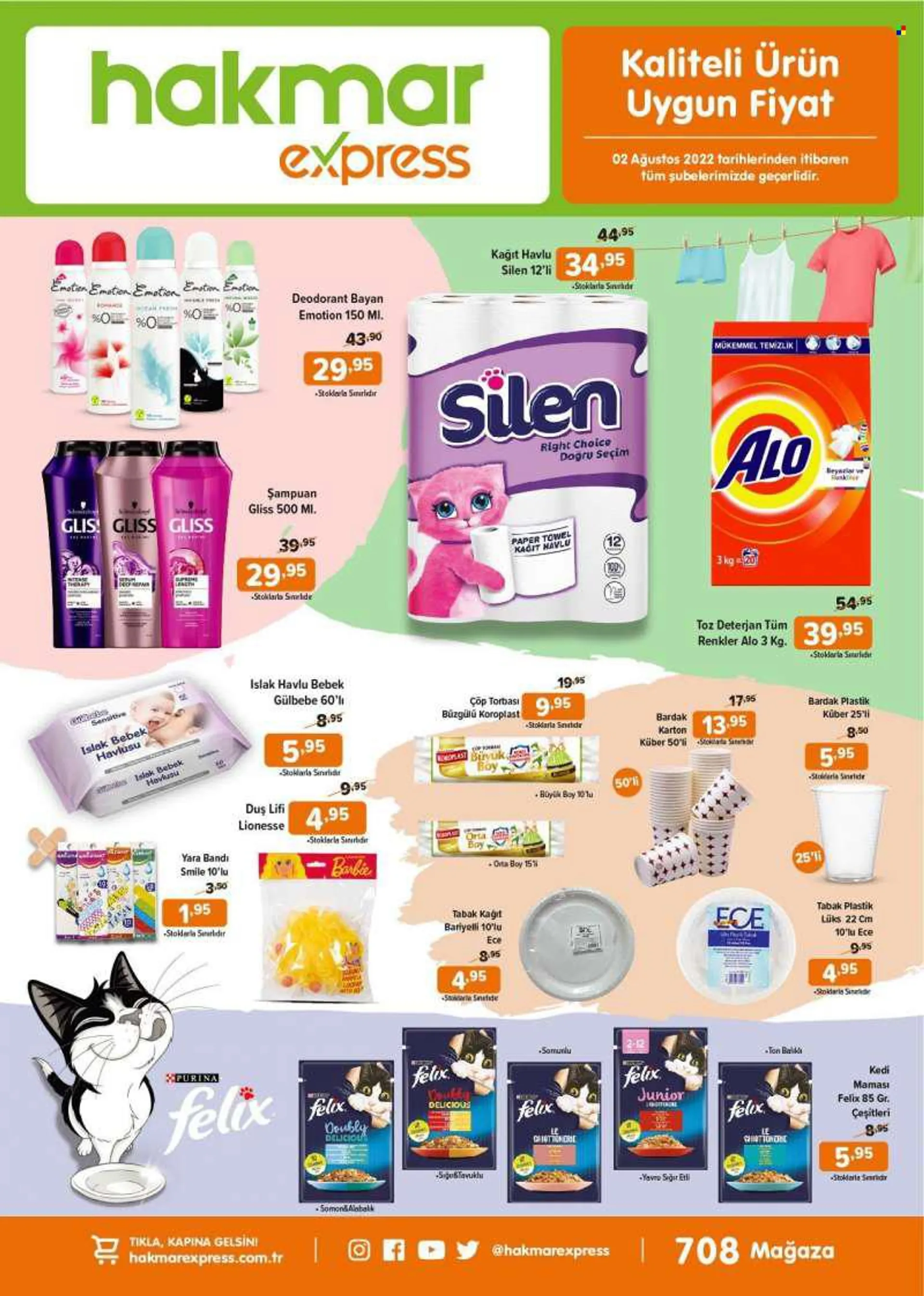 Hakmar Express aktüel ürünler, broşür  - 8.2.2022 - 8.15.2022 - Satıştaki ürünler - şampuan, somon, barbie, deodorant, alabalık, islak havlu, kedi maması. Sayfa 3.