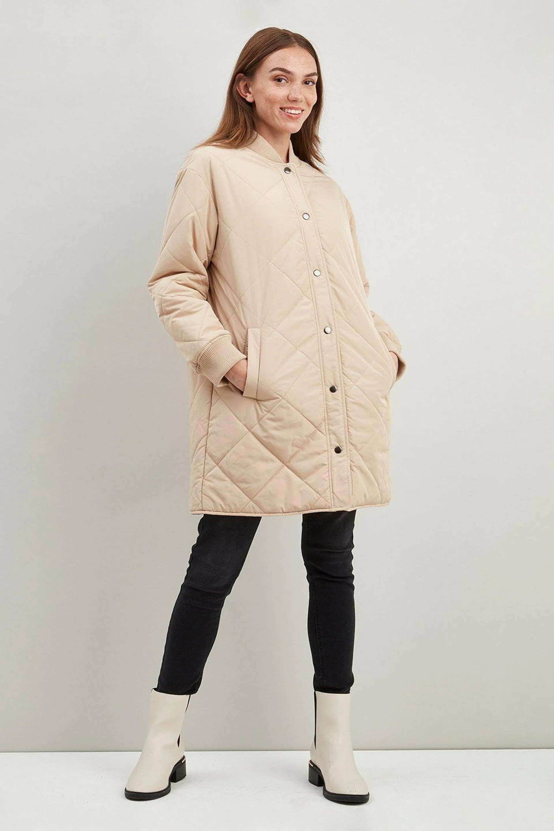 Petite Quilted Mid Length Coat