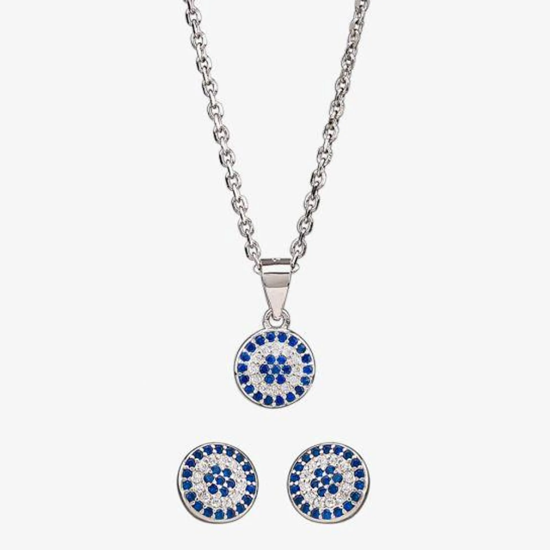 Silver Blue and White Cubic Zirconia Round Pendant and Earring Set SET9729
