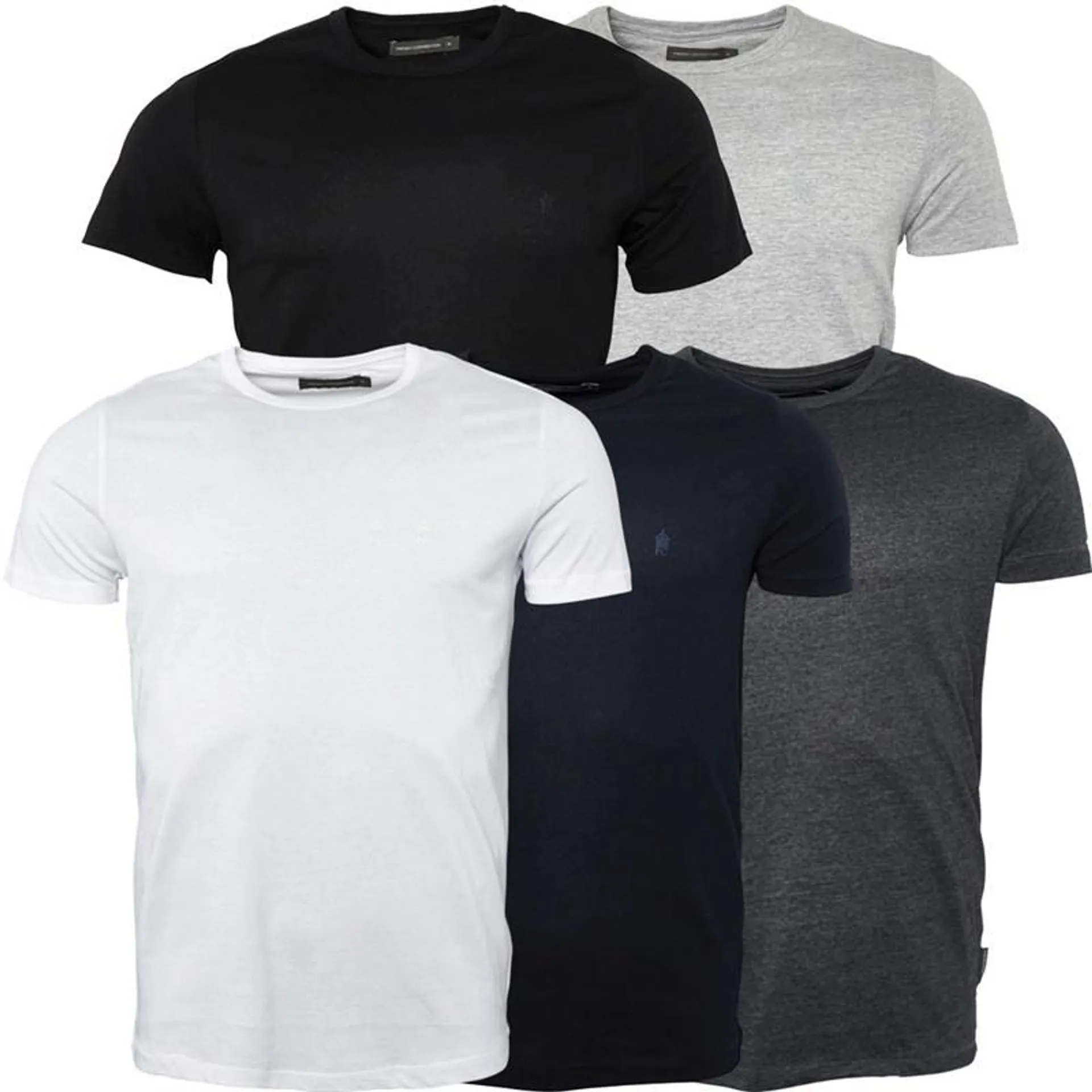 French Connection Mens Five Pack Crew T-Shirts Multi 1 - Black/White/Marine/Light Grey Melange/Charcoal