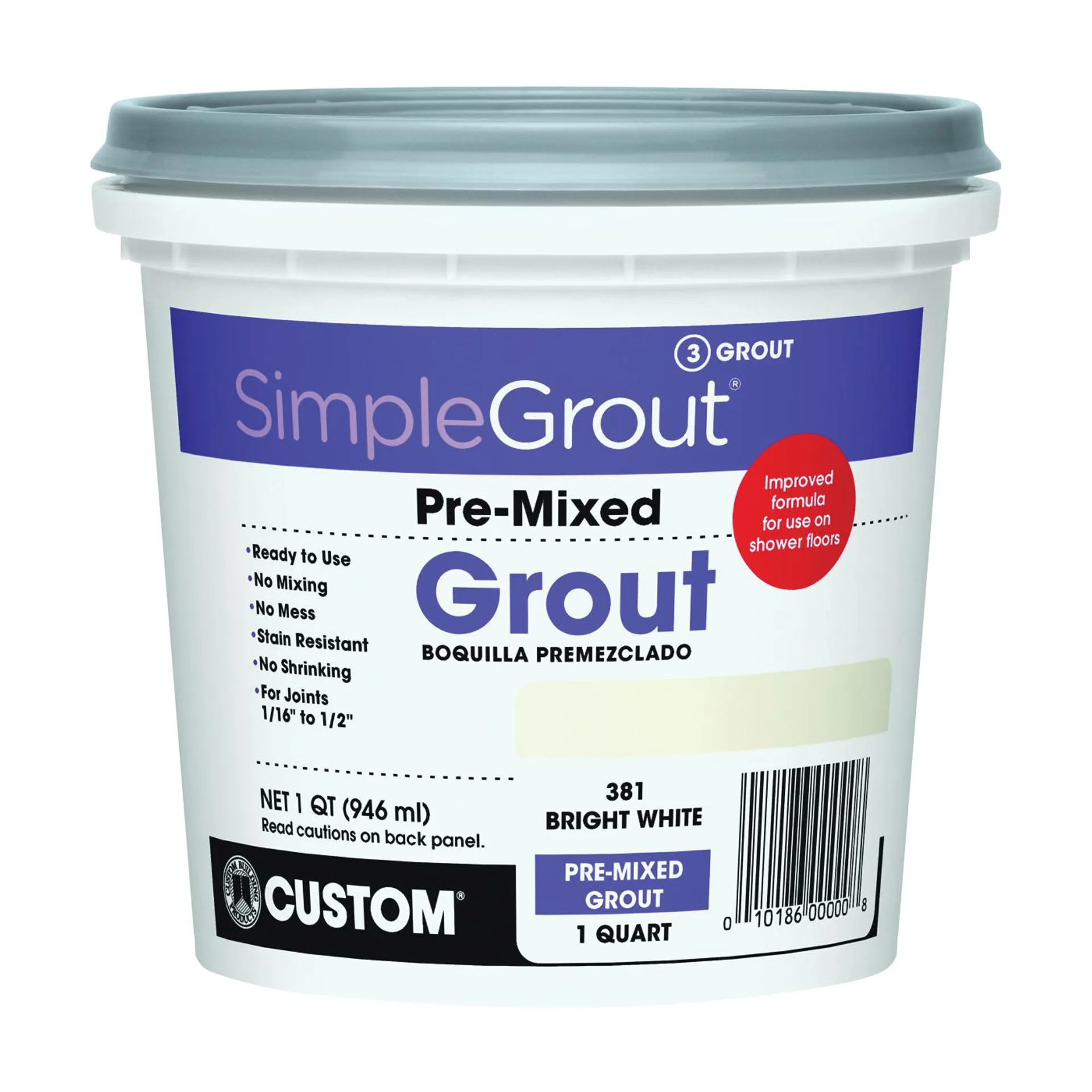 PMG381QT Tile Grout, Paste, Characteristic, Bright White, 1 qt Pail