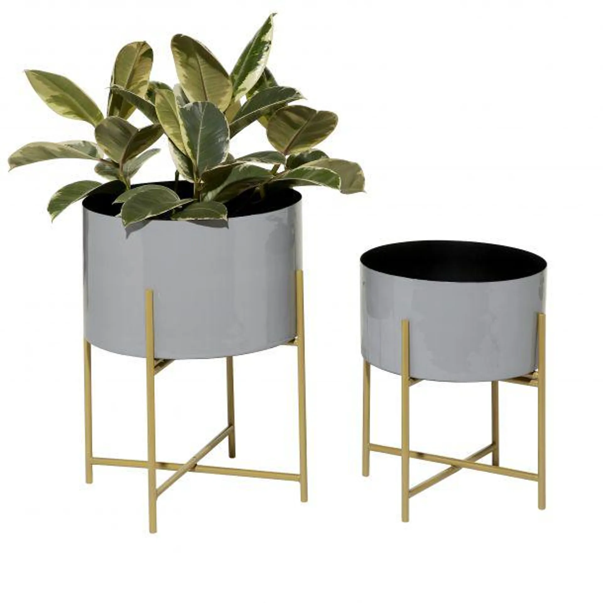 Set of 2 Grey Metal Contemporary Planter, 12.5" x 16"