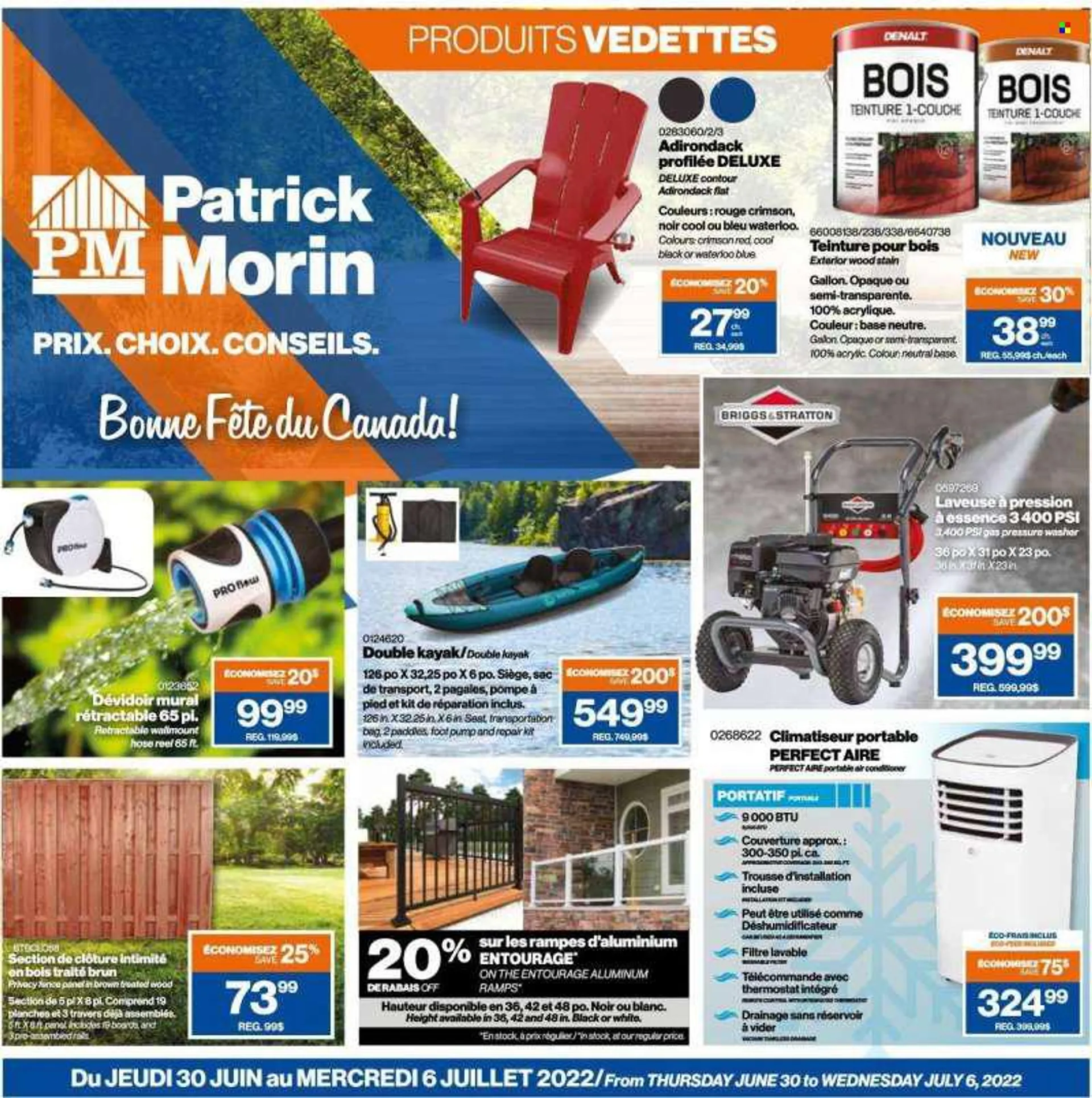 Patrick Morin Flyer - June 30, 2022 - July 06, 2022 - Sales products - gallon, deco strips, pressure washer, hose reel, fence panel. Page 1.