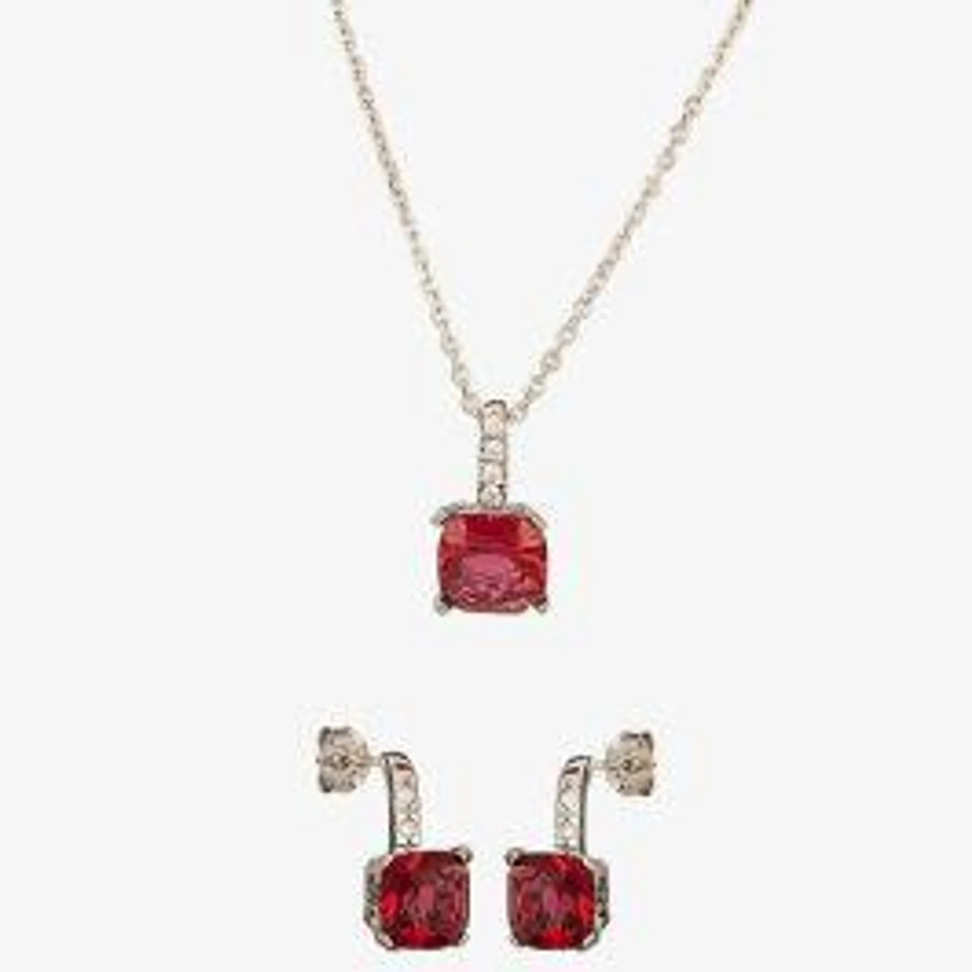 Silver Red Cubic Zirconia Cushion-cut Pendant and Dropper Earring Set SET0470