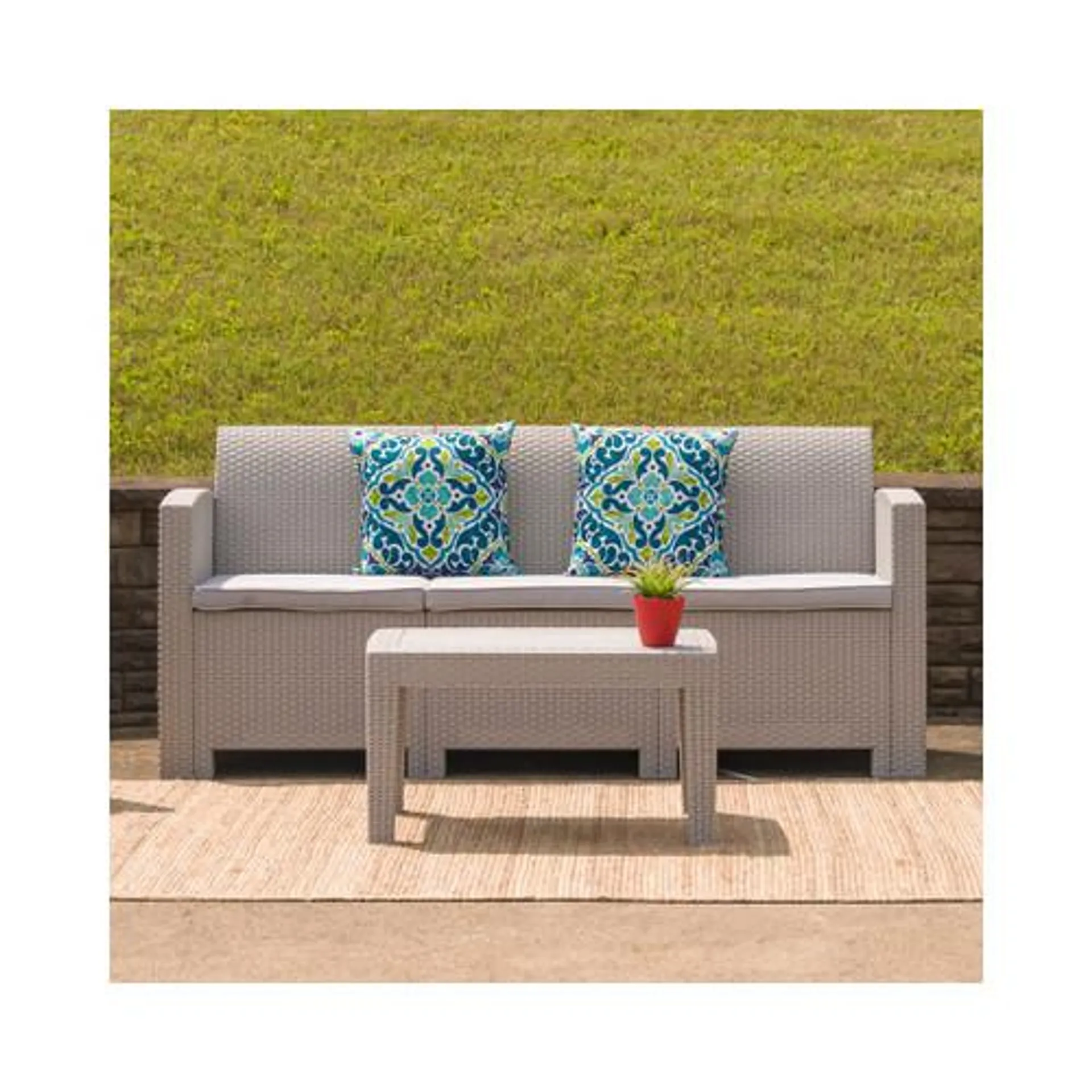 Light Gray Faux Rattan Sofa with All Weather Light Gray Cushions