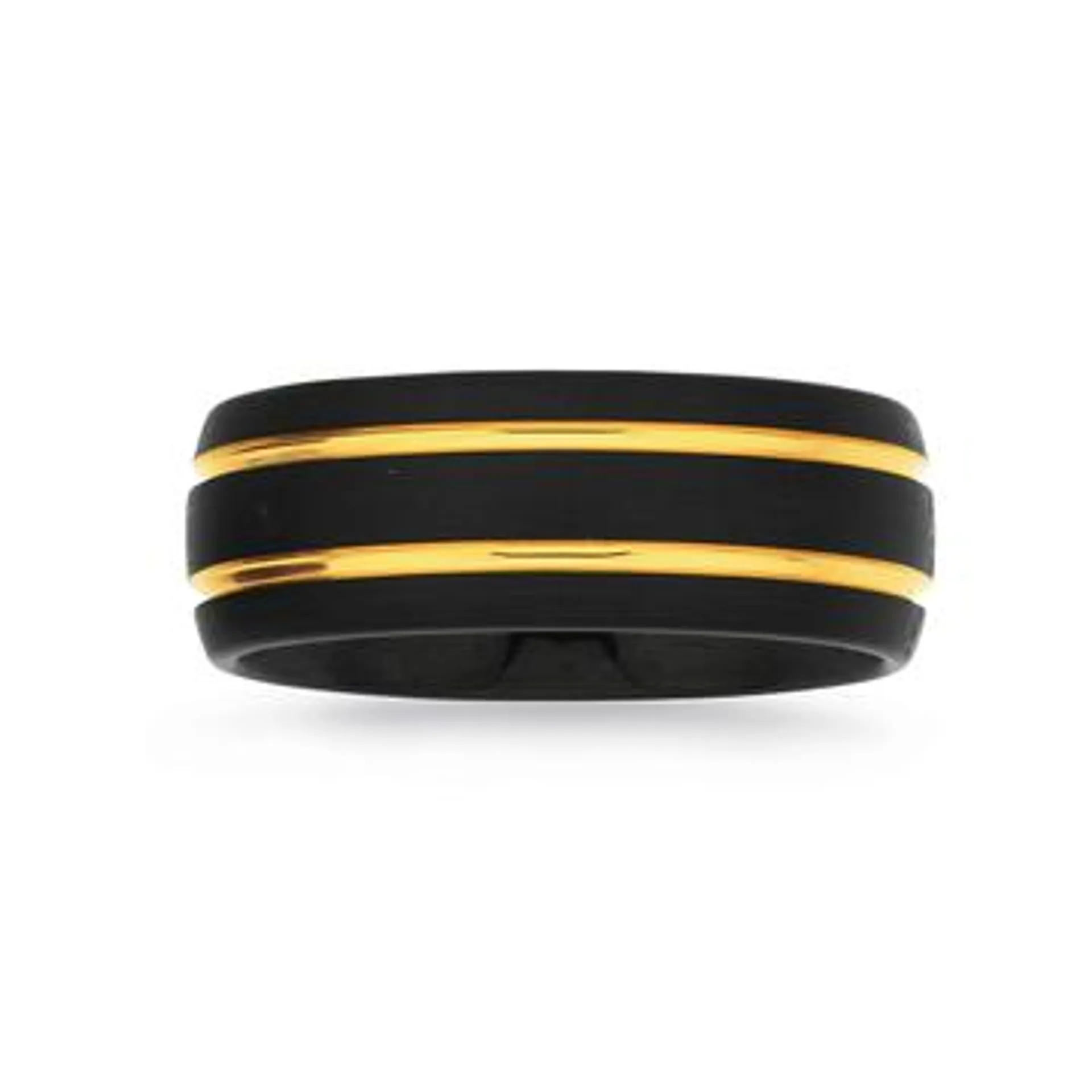 Tungsten Carbide Matte Black & Double Yellow Gold Plate Lines Rin