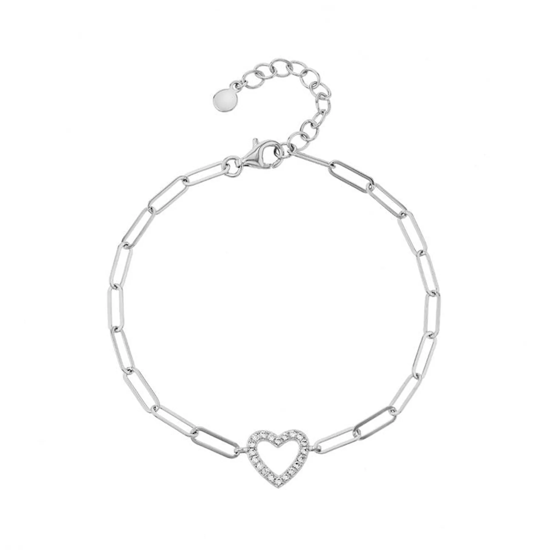 Sterling Silver Cubic Zirconia Paperclip Link Women’s Heart Bracelet