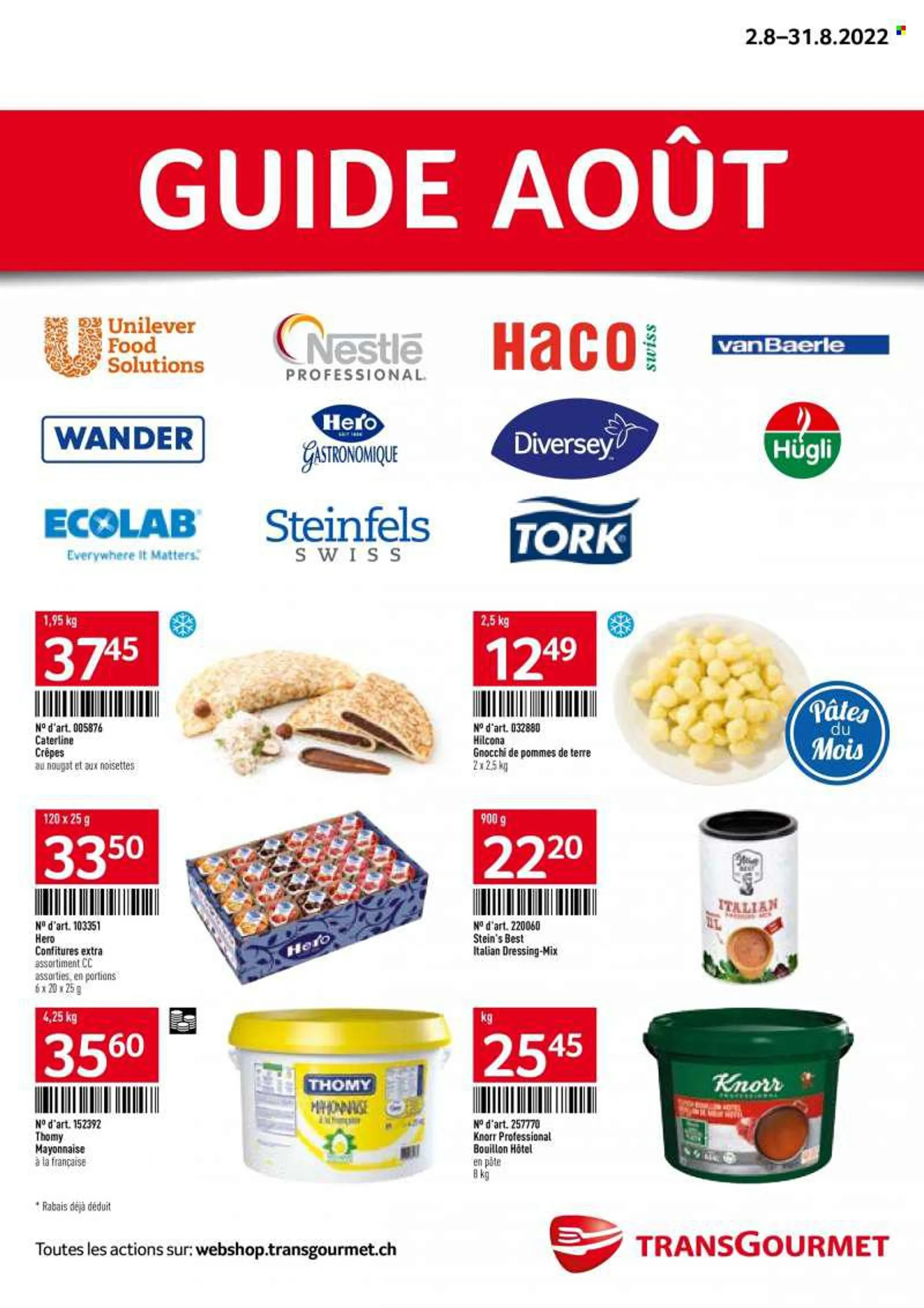 Prospekte TransGourmet - 2.8.2022 - 31.8.2022 - Produkte in Aktion - Thomy, Mayonnaise, Gnocchi, Nestlé, Dressing, Knorr. Seite 1.