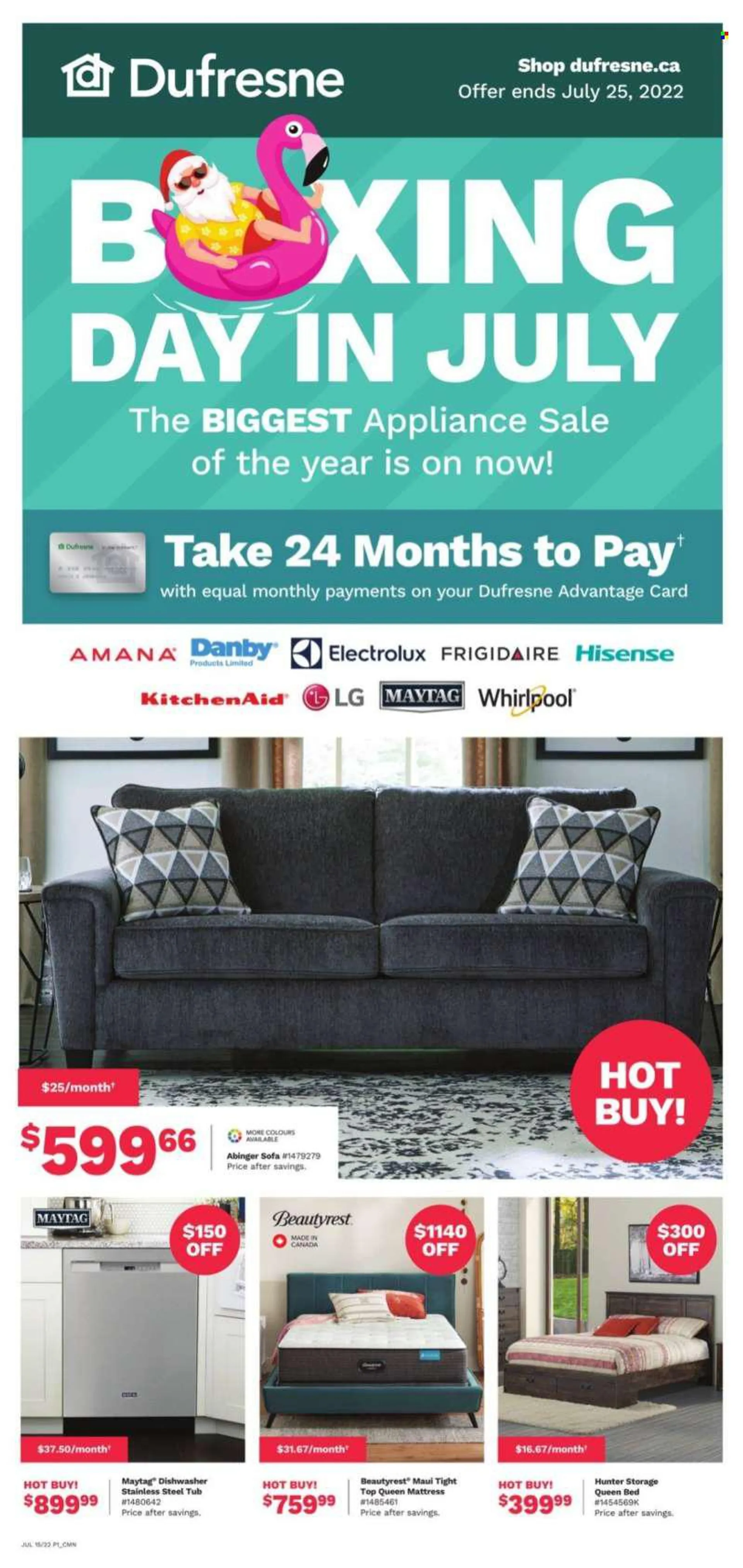 Dufresne Flyer - July 15, 2022 - July 25, 2022 - Sales products - Hisense, Whirlpool, sofa, bed, queen bed, mattress, Electrolux, LG. Page 1.