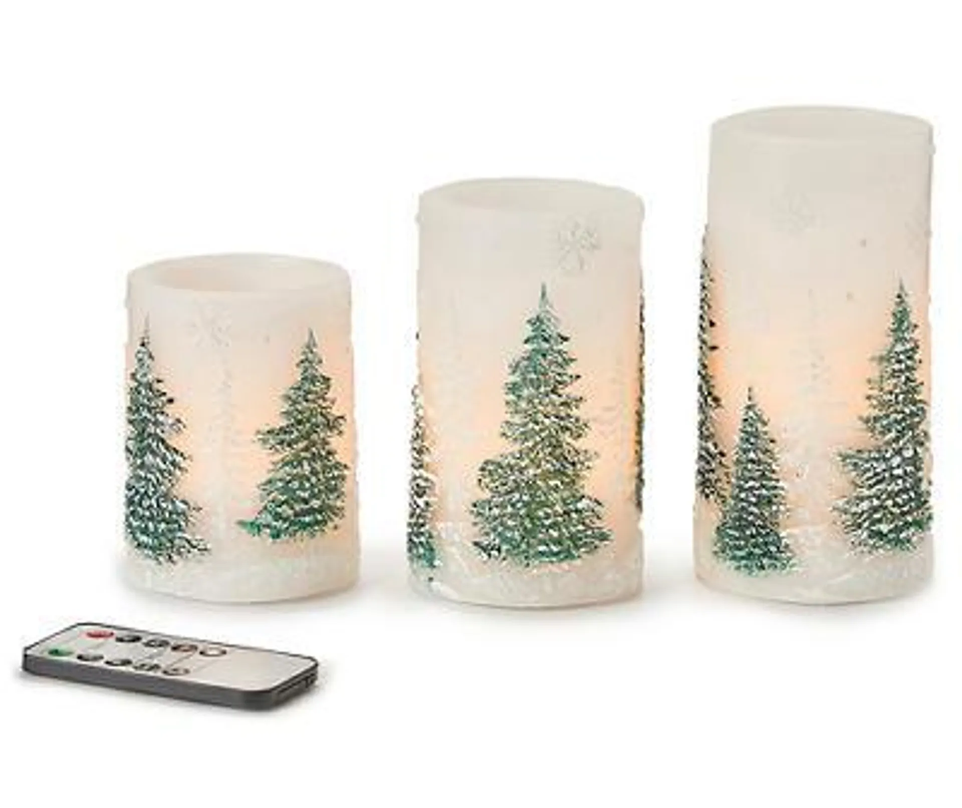 White & Green Evergreen Tree 3-Piece LED Pillar Candle Set