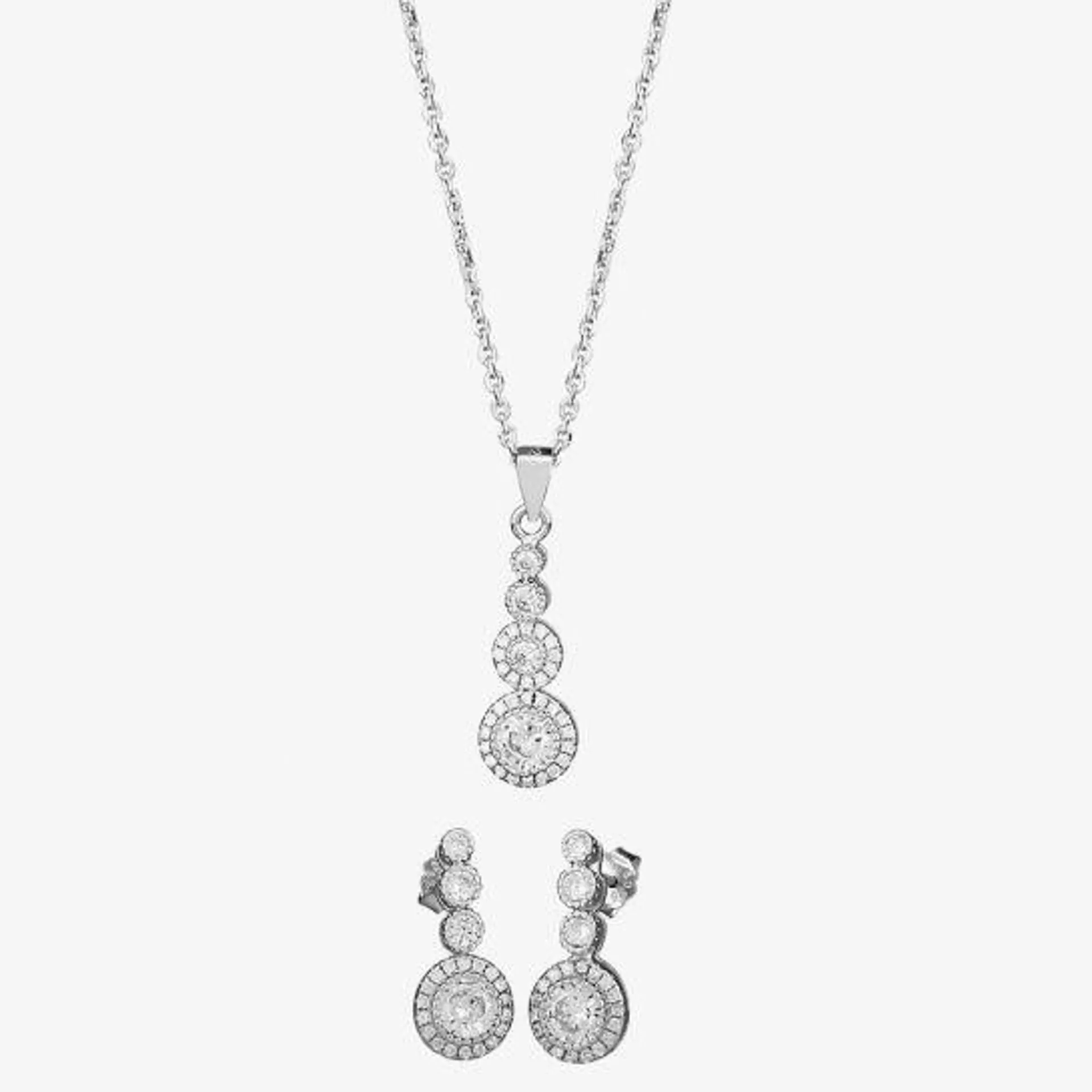 Silver Cubic Zirconia Graduated Pendant and Dropper Earrings Set SET5449