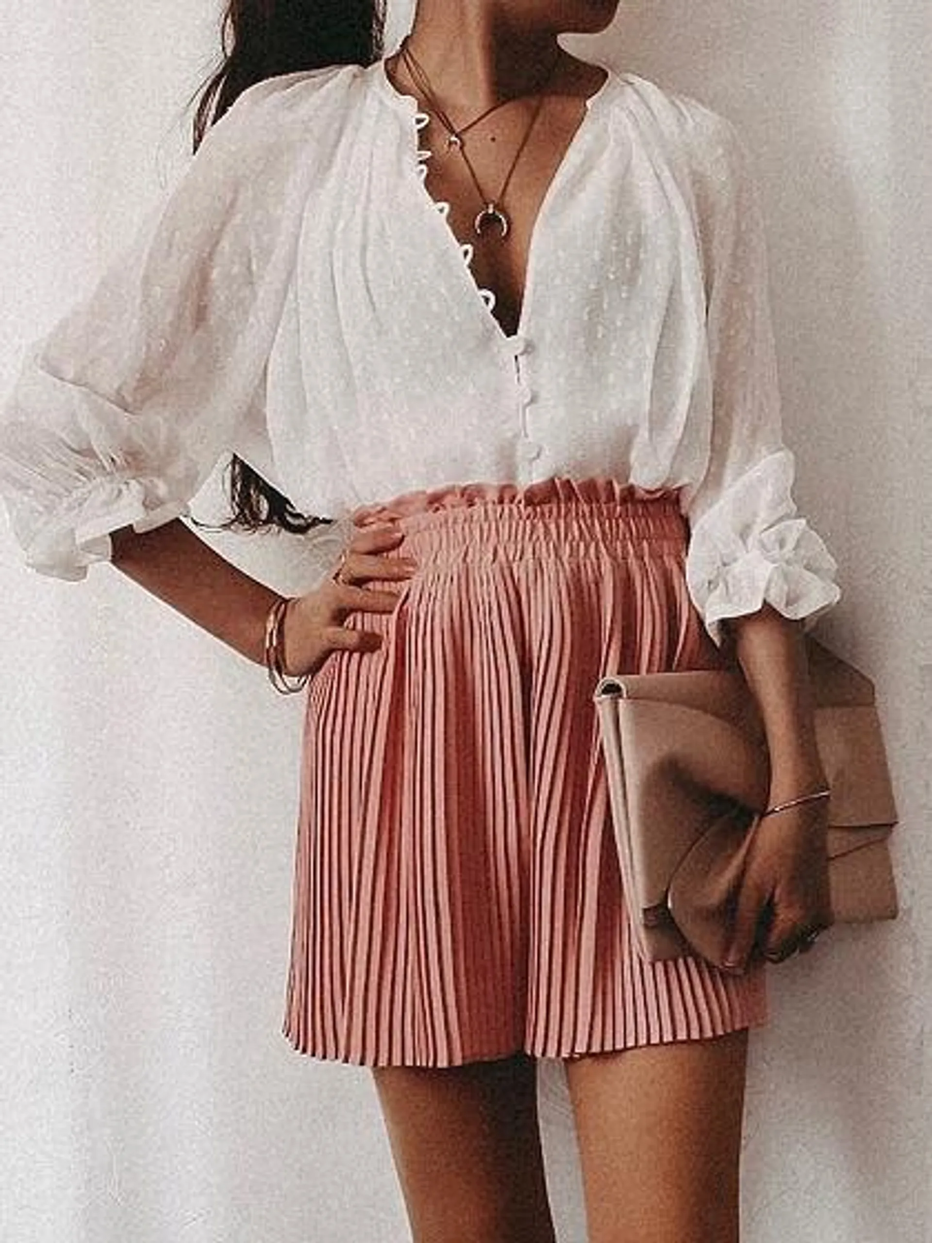 White V-neck Puff Sleeve Shirt