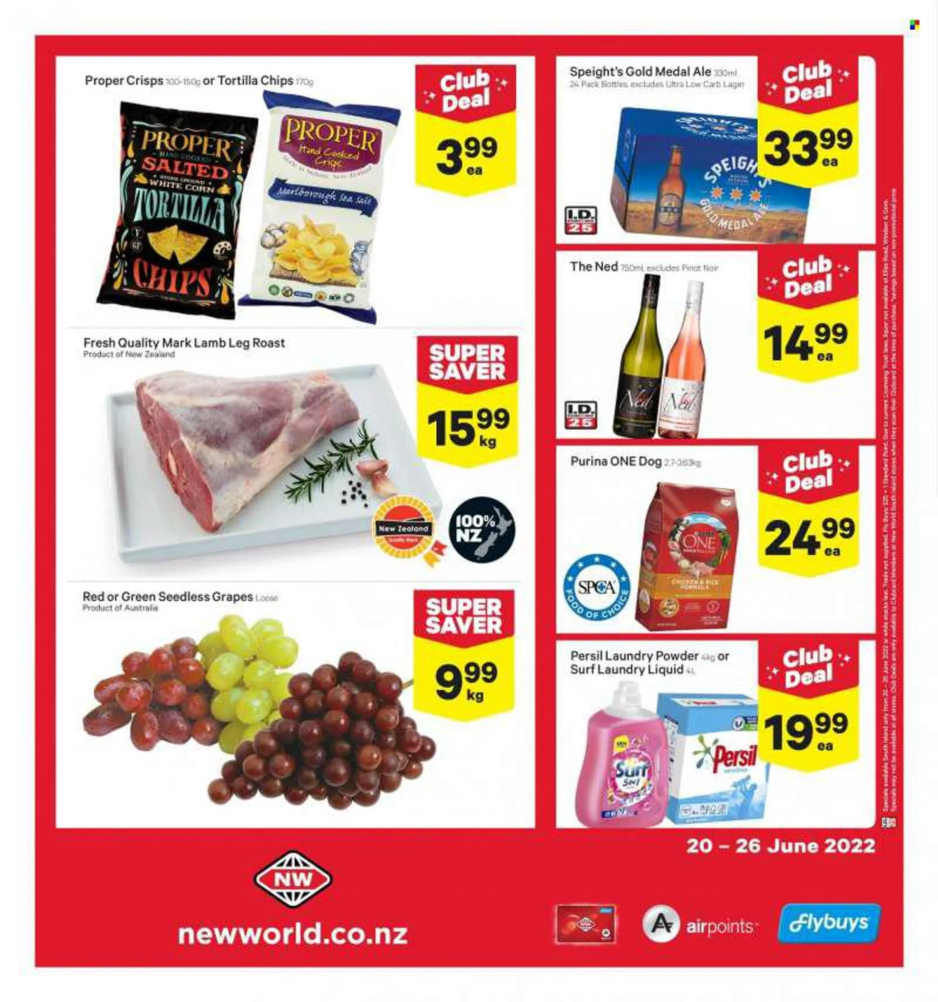 New World mailer - 20.06.2022 - 26.06.2022 - Sales products - grapes, seedless grapes, tortilla chips, chips, red wine, wine, Pinot Noir, beer, Lager, lamb meat, lamb leg, Persil, laundry detergent, laundry powder, Surf, Purina. Page 2.