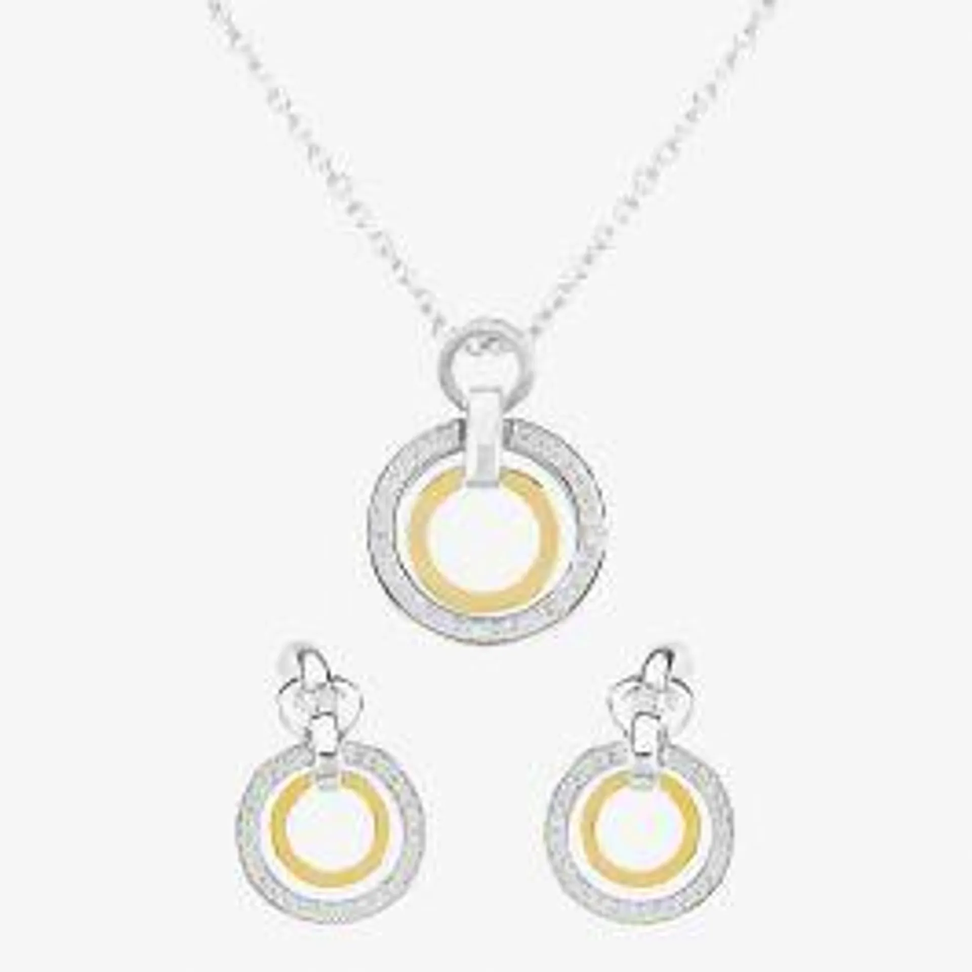 Two Tone Cubic Zirconia Double Open Circle Pendant and Earring Set SET12423