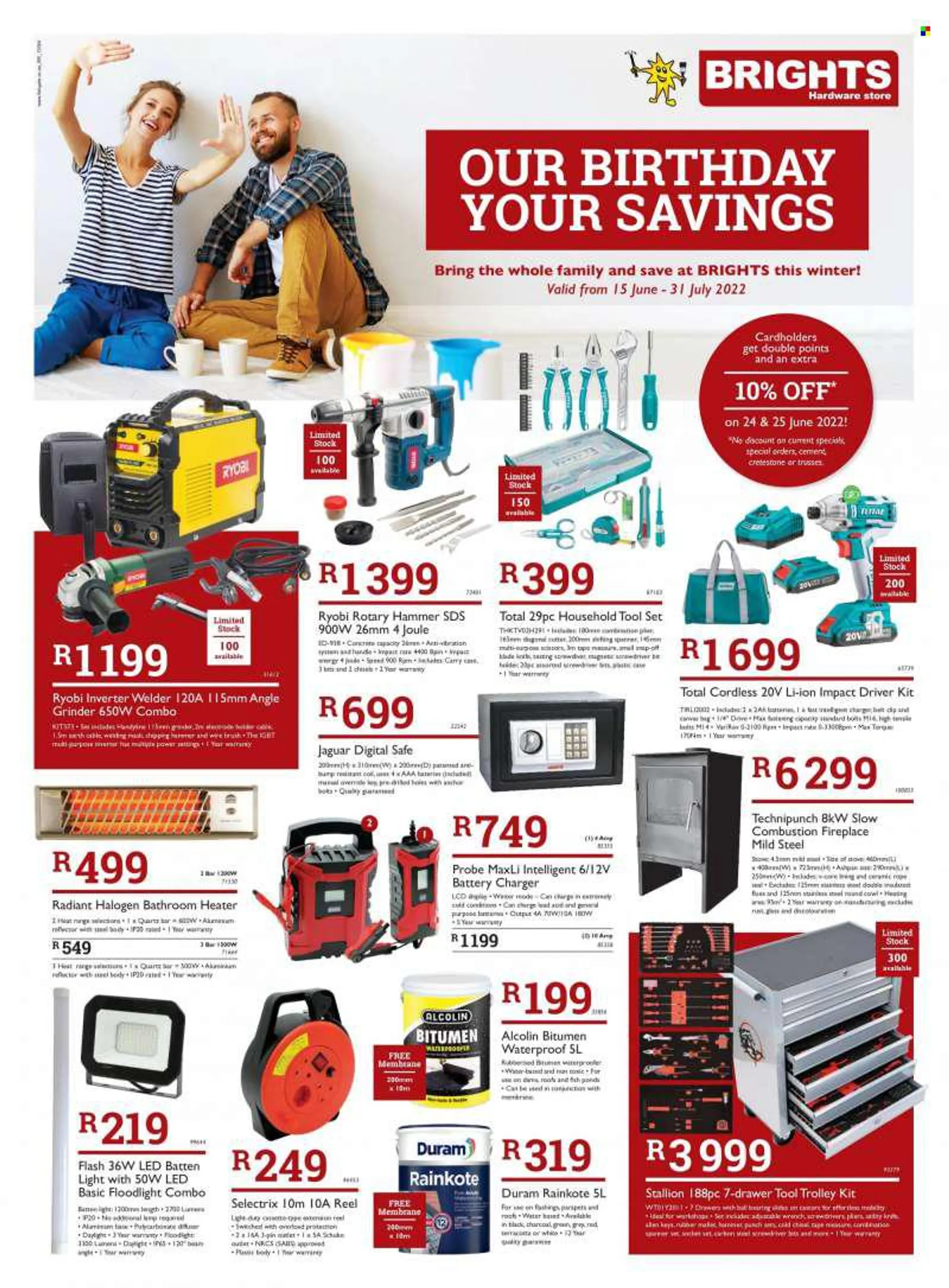 Brights Hardware catalogue  - 15/06/2022 - 31/07/2022 - Sales products - stove, battery charger, grinder, diffuser, Duram, lamp, floodlight, fireplace, impact driver, Ryobi, angle grinder, screwdriver bits, pliers, socket set, scissors, tool set, cutter, 