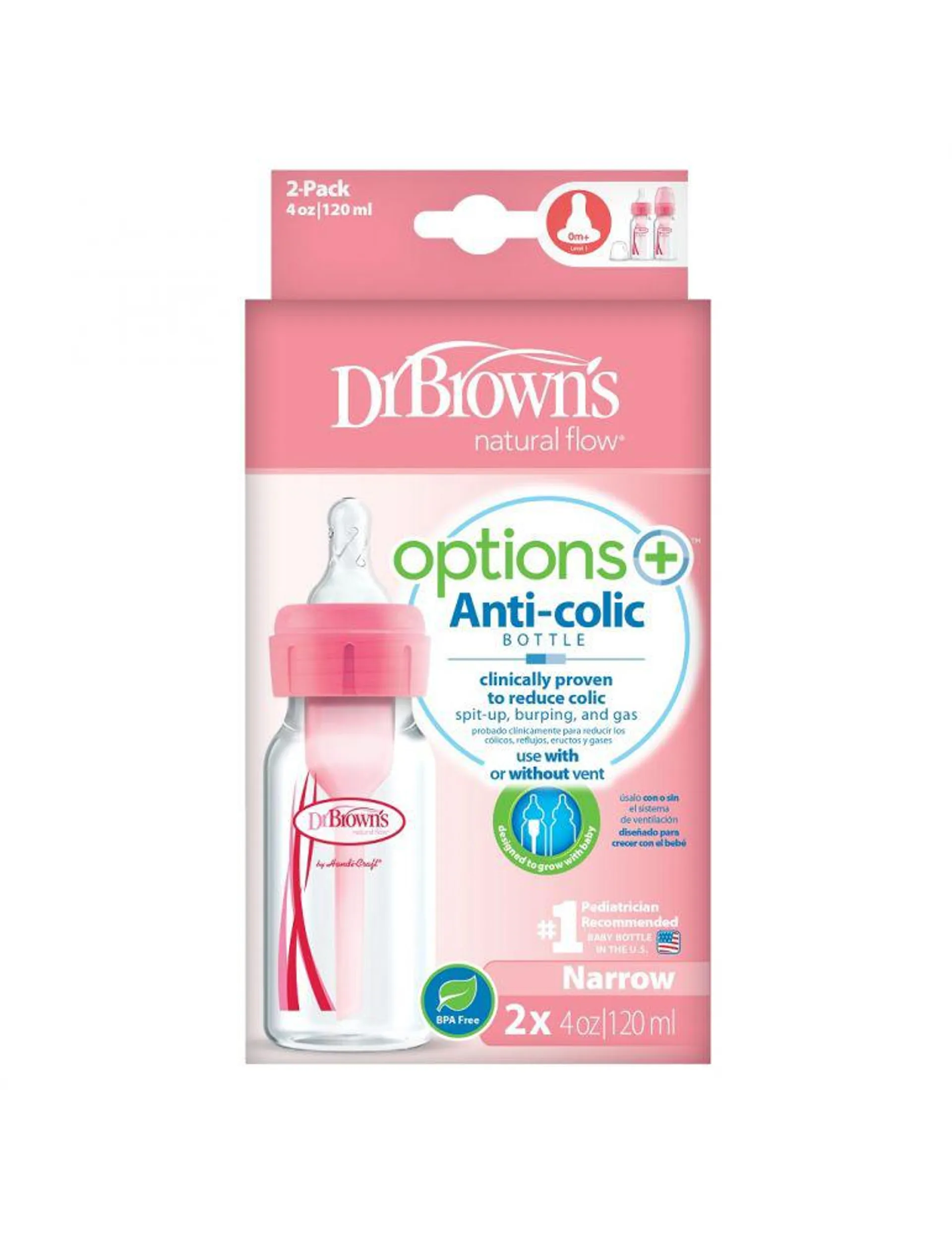 Dr Brown's Butelka standard Options+ 120ml 2 pak różowa