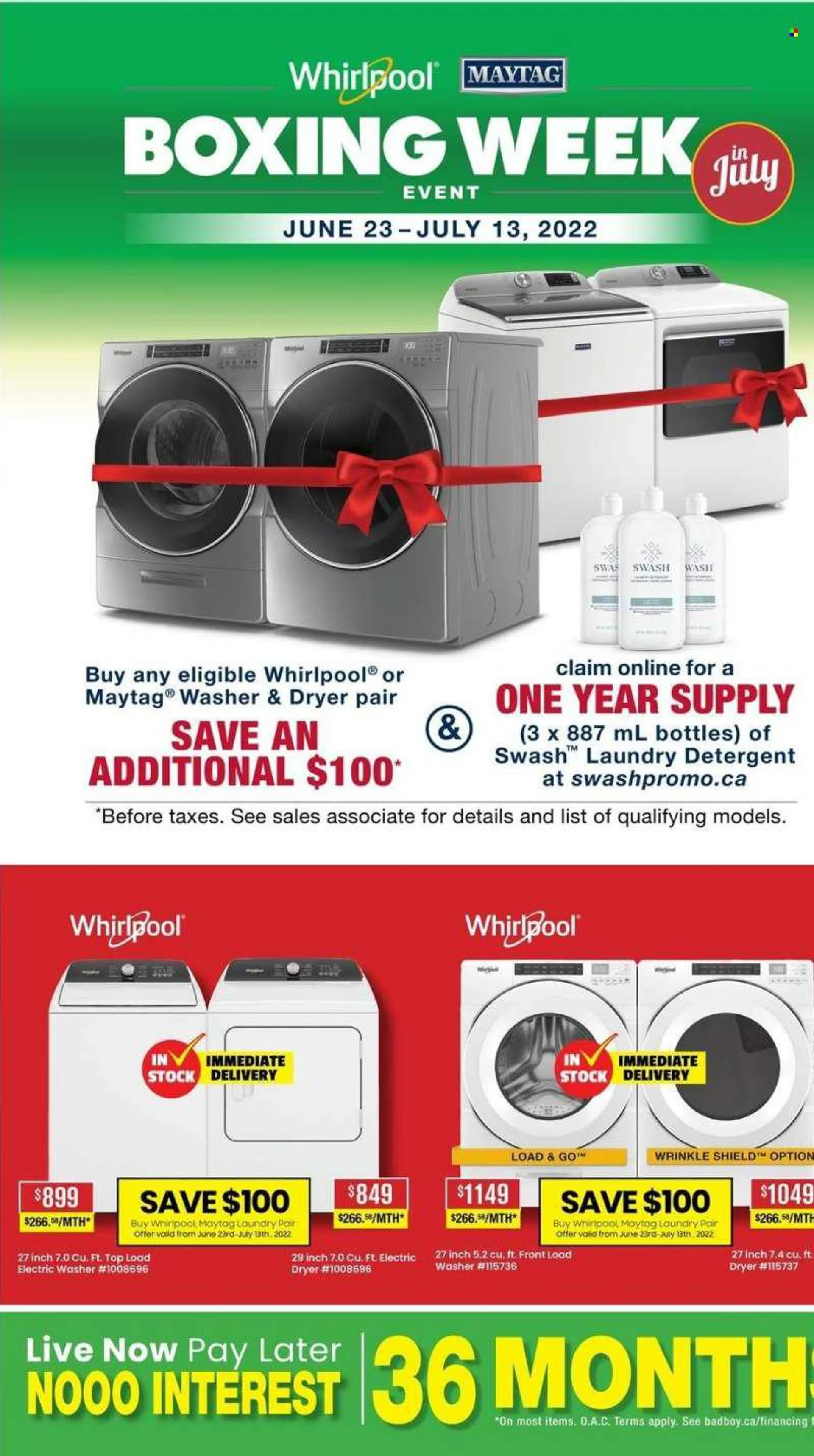 Bad Boy Superstore Flyer - June 27, 2022 - July 13, 2022 - Sales products - Whirlpool, Maytag, washer &amp; dryer, washing machine, electric dryer, detergent. Page 5.