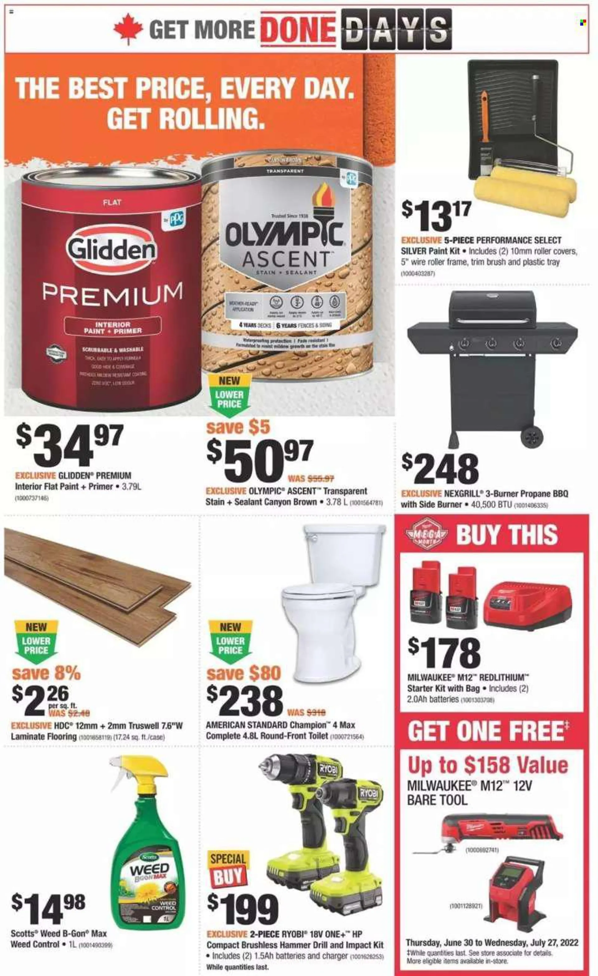 The Home Depot Flyer - June 30, 2022 - July 06, 2022 - Sales products - bag, deco strips, toilet, roller, roller cover, paint, flooring, laminate floor, Milwaukee, drill, Ryobi. Page 2.