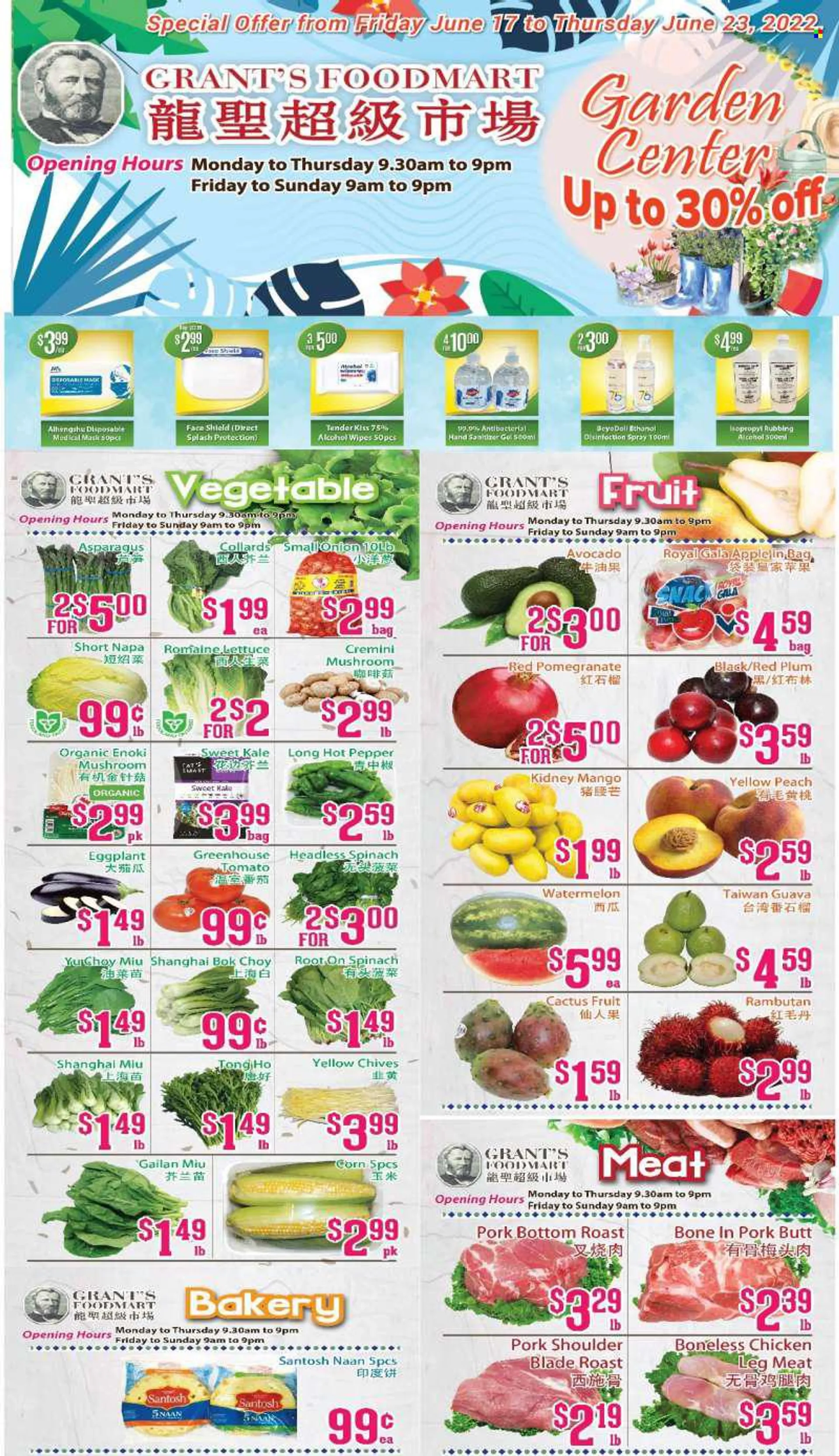 Grants Foodmart Flyer - June 17, 2022 - June 23, 2022 - Sales products - mushroom, asparagus, bok choy, corn, spinach, kale, onion, eggplant, chives, avocado, Gala apple, guava, watermelon, red plums, pomegranate, pepper, Grants, chicken legs, pork meat, 