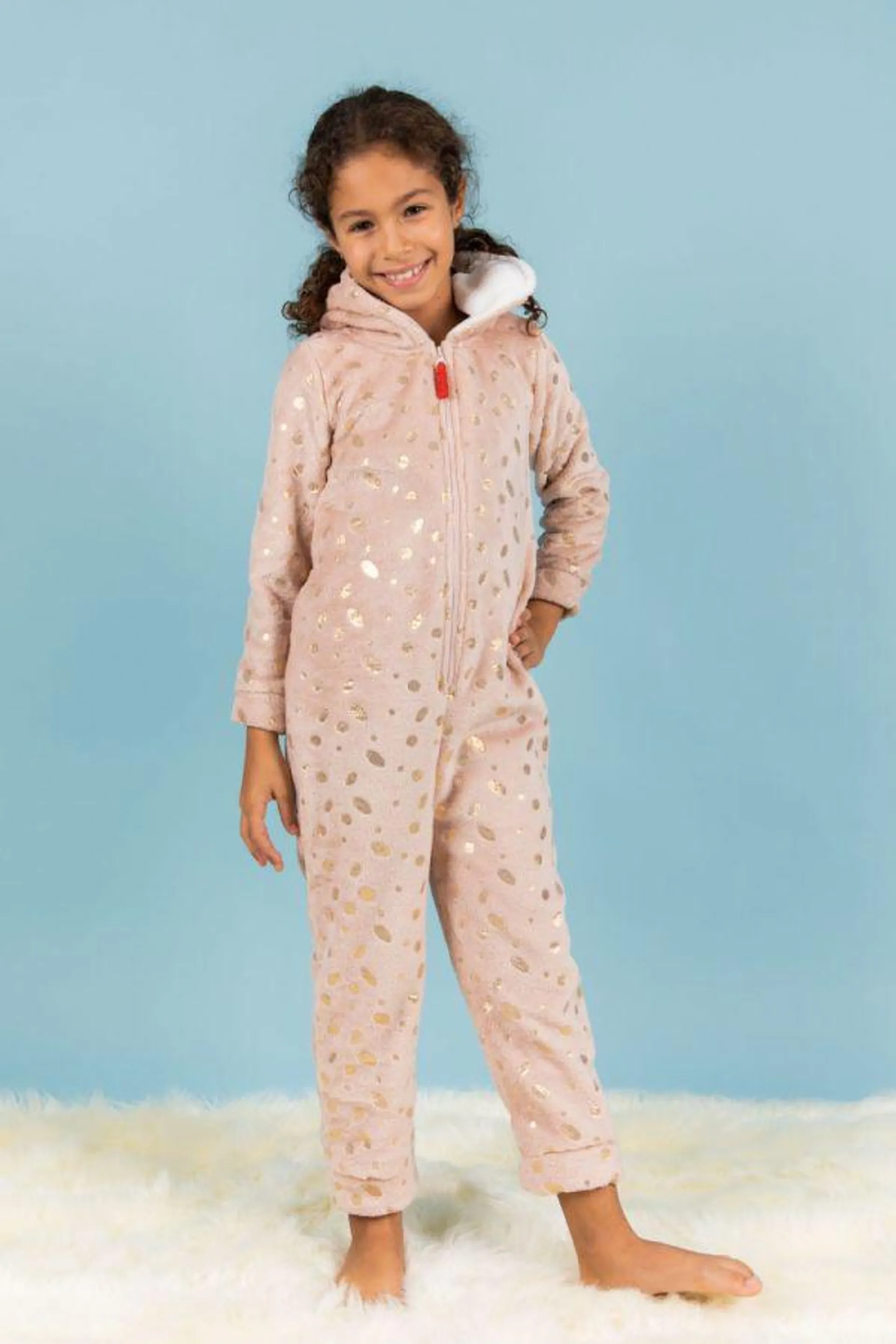 Girls Beige Foil Printed Reindeer Onesie