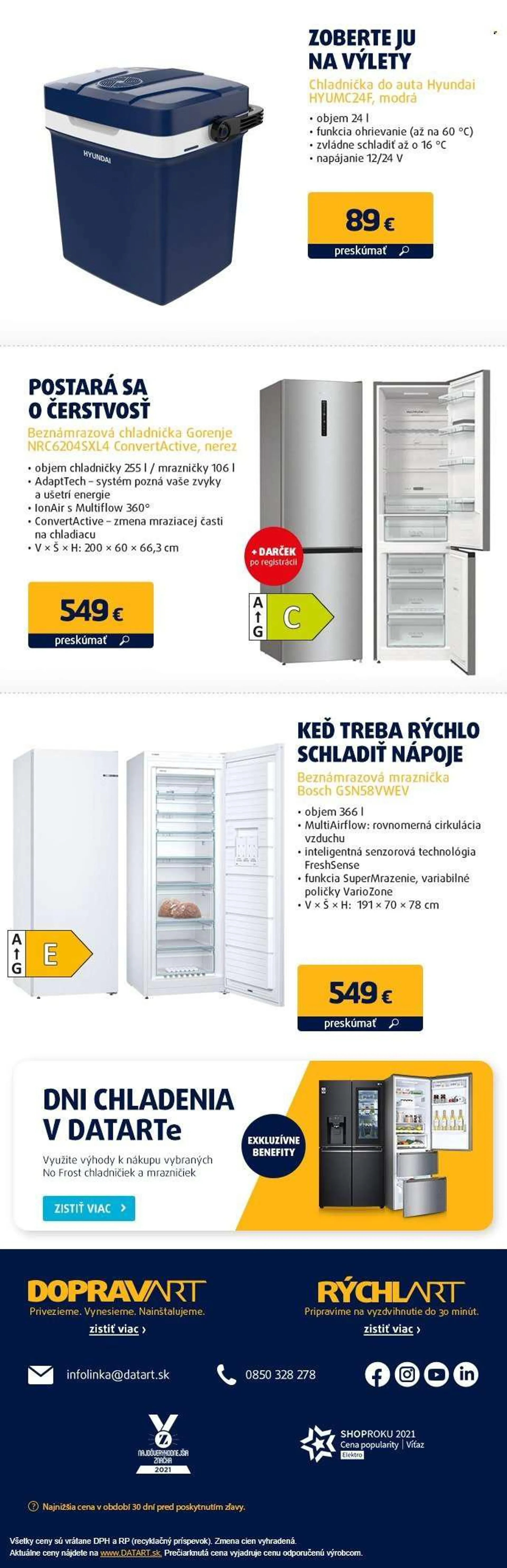 Leták Datart - Produkty v akcii - Hyundai, Bosch, Gorenje, chladnička, beznámrazová chladnička. Strana 3.