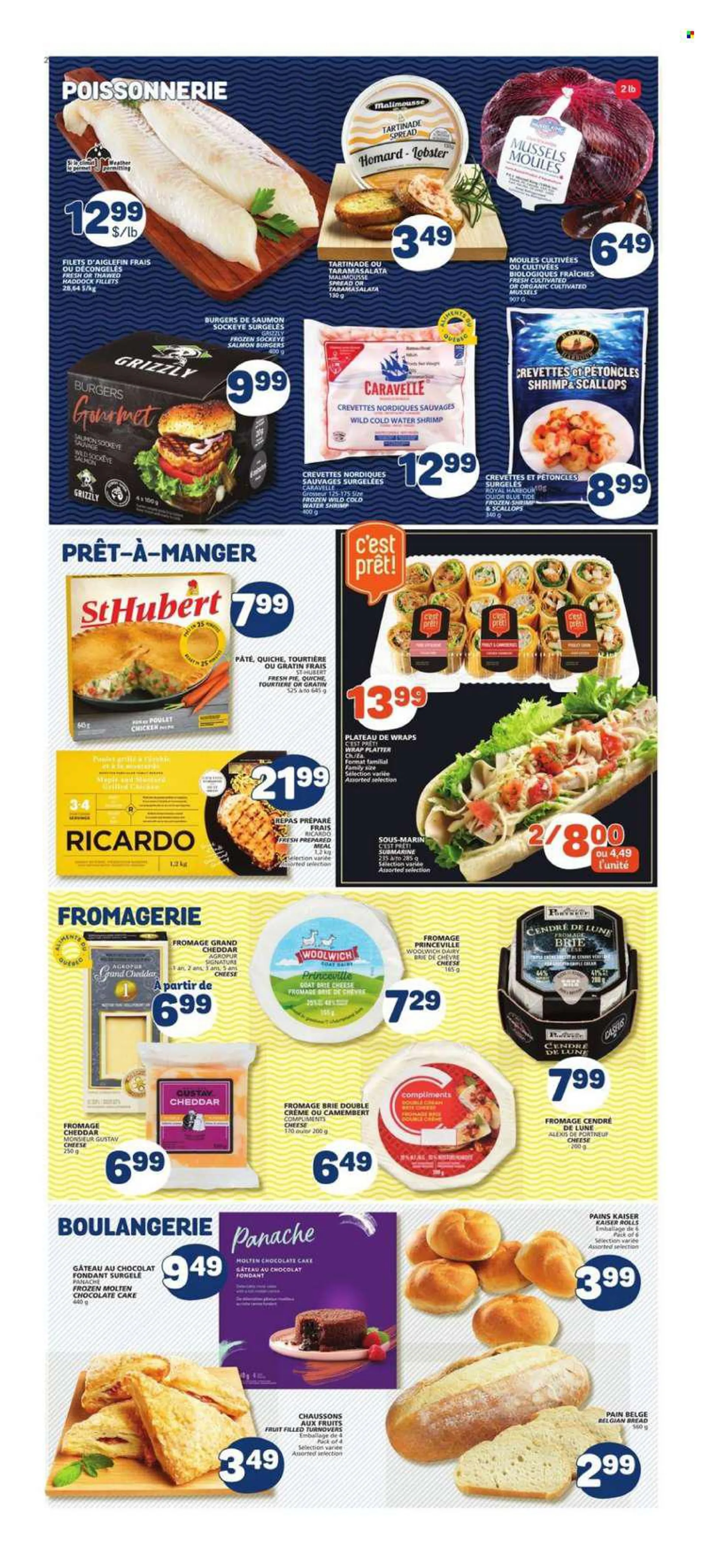 Marché Bonichoix Flyer - June 30, 2022 - July 06, 2022 - Sales products - bread, cake, pie, turnovers, wraps, chocolate cake, lobster, mussel, salmon, scallops, haddock, shrimps, hamburger, cheddar, cheese, brie cheese, Quiche, chocolate, mustard, Tide, c