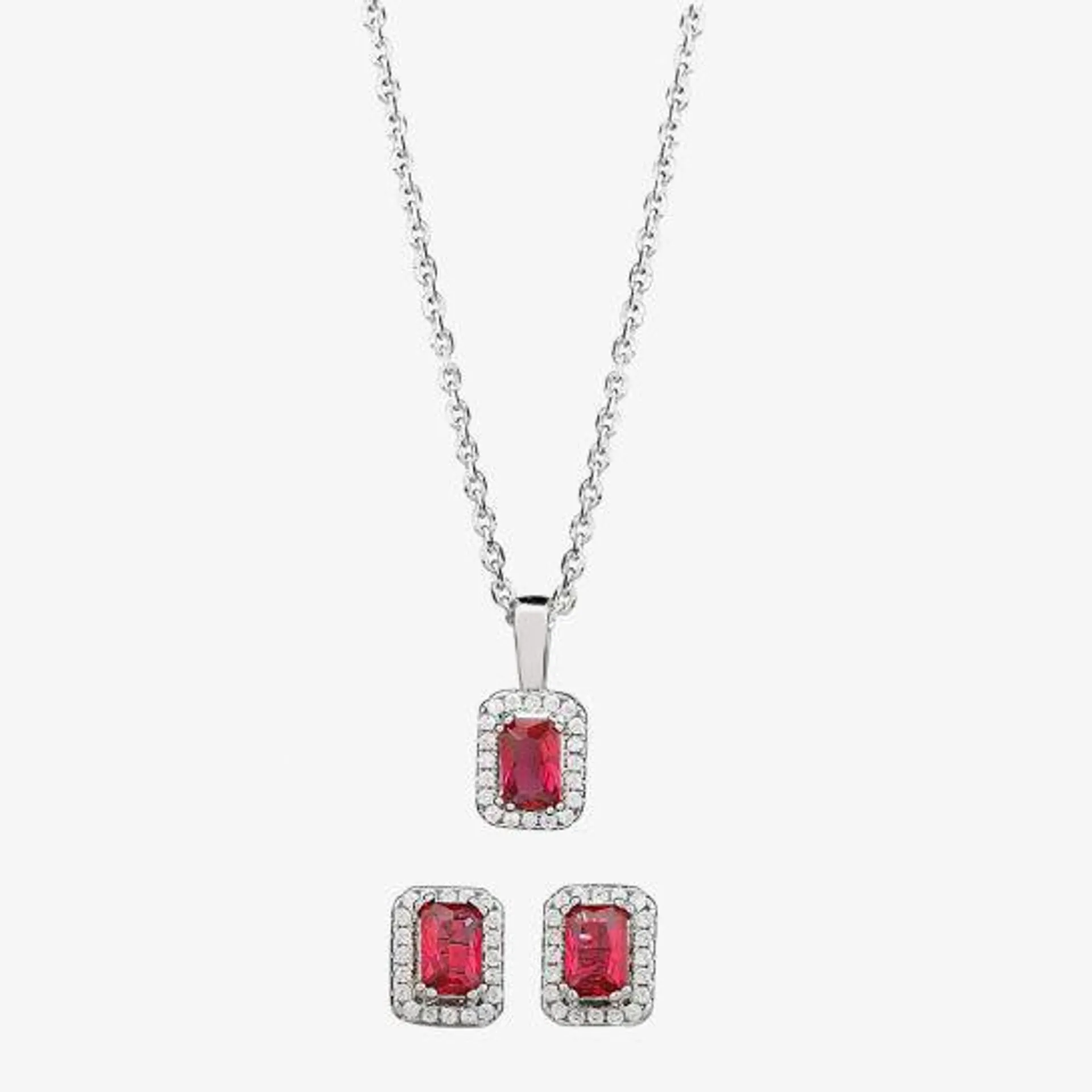 Silver Red Cubic Zirconia Baguette Pendant and Earring Set SET14195