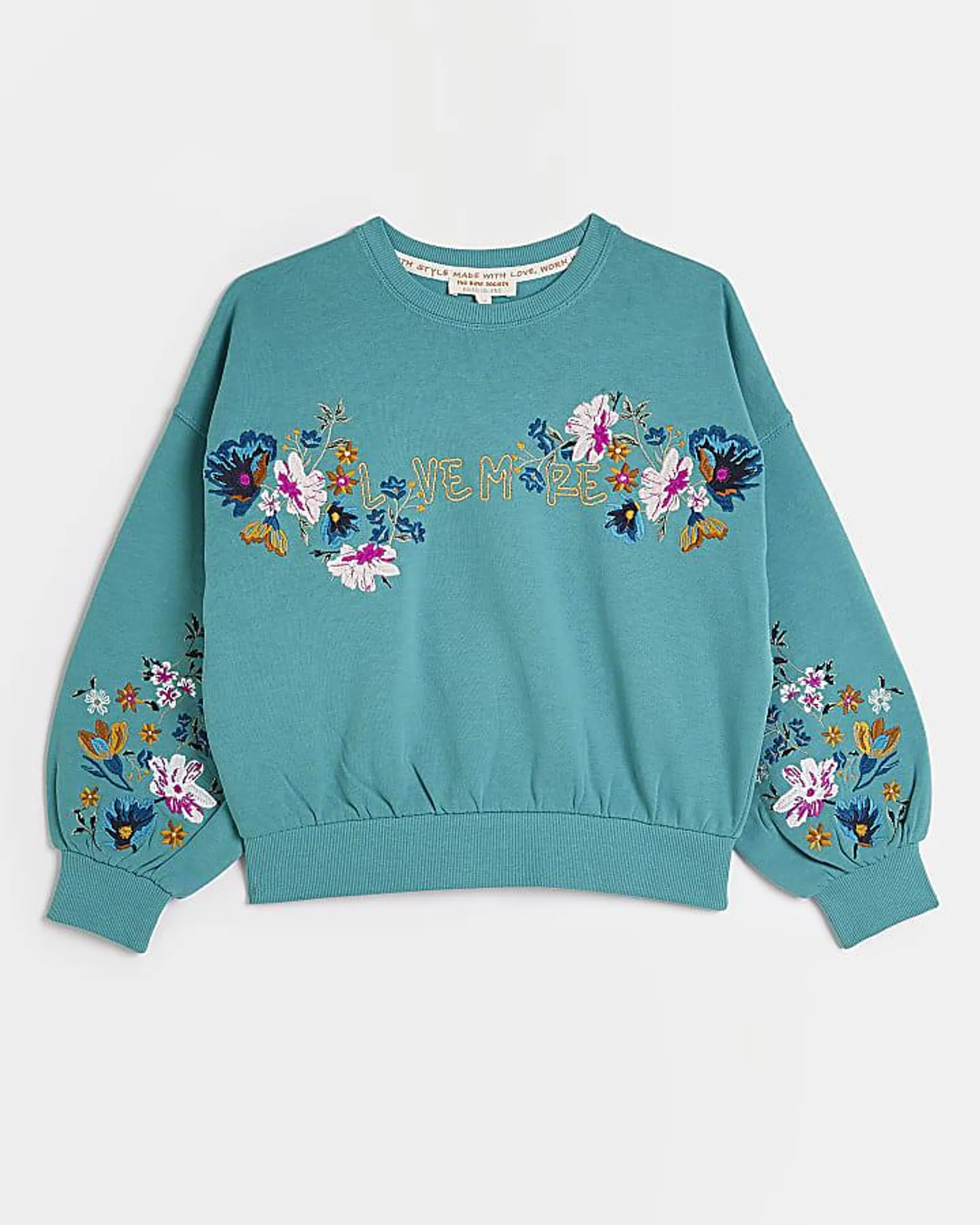 Girls Blue Floral Embroidered Sweatshirt