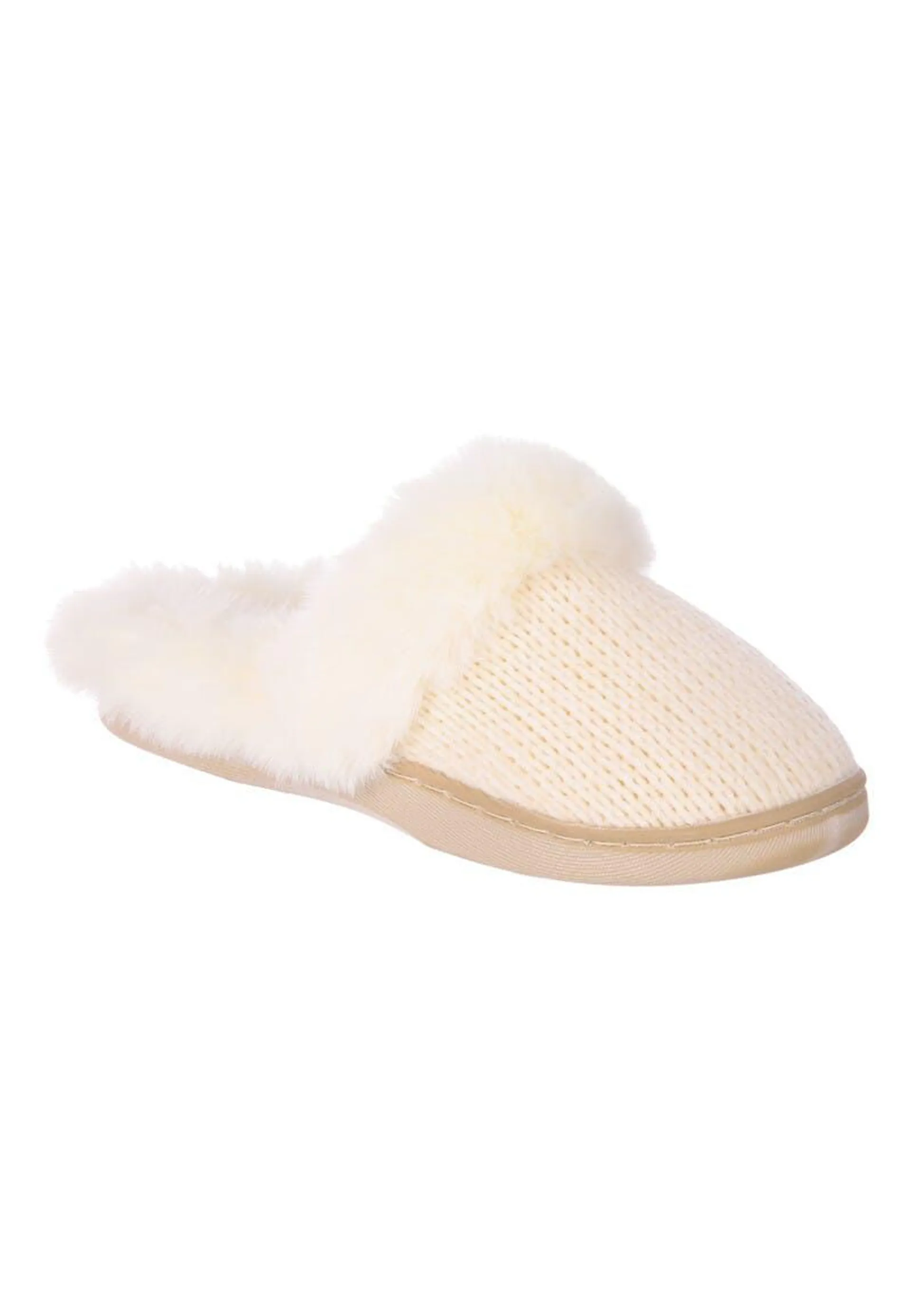 Womens Cream Faux Fur Knitted Mule Slippers
