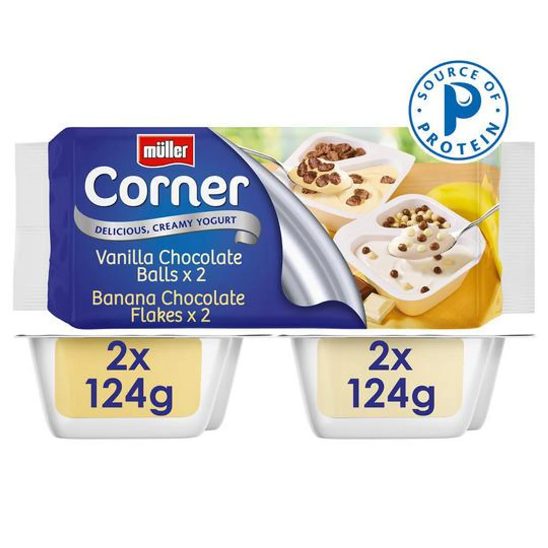 Müller Corner Vanilla Chocolate Balls and Banana Chocolate Flakes Yogurts 4 x 124g (496g)