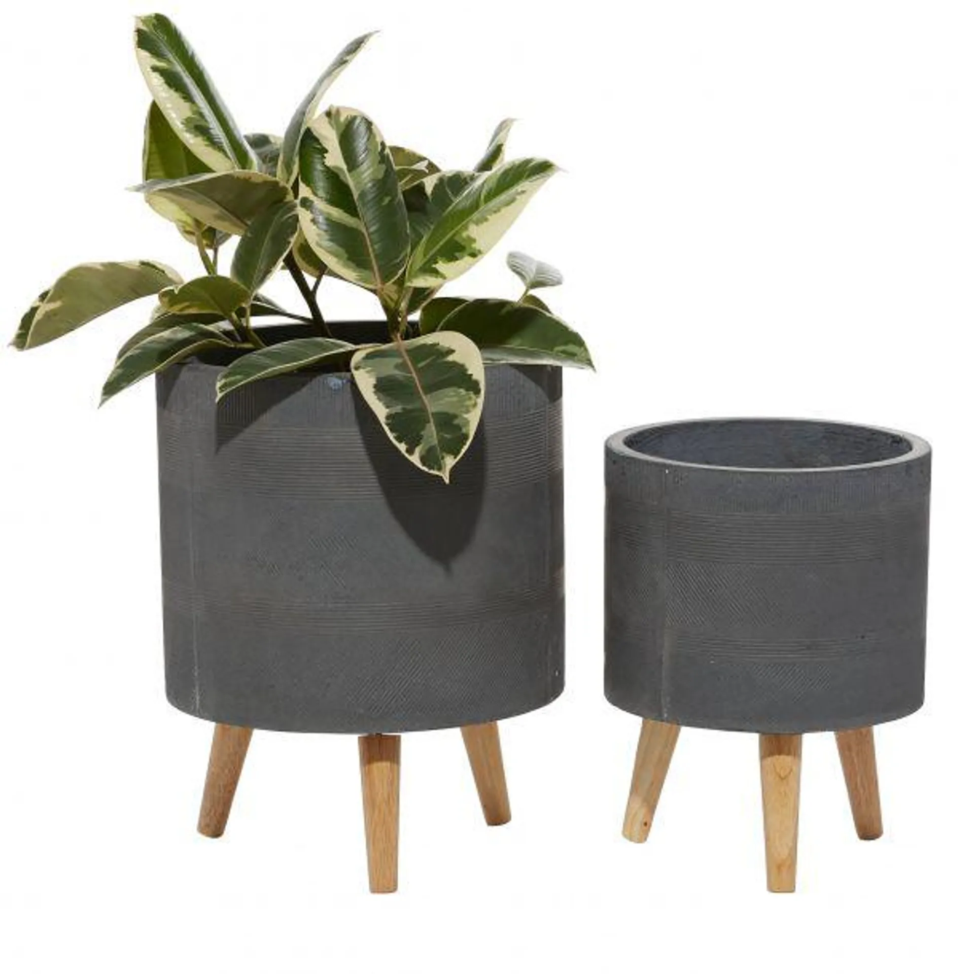 Set of 2 Grey Polystone Contemporary Planter, 13" 16"