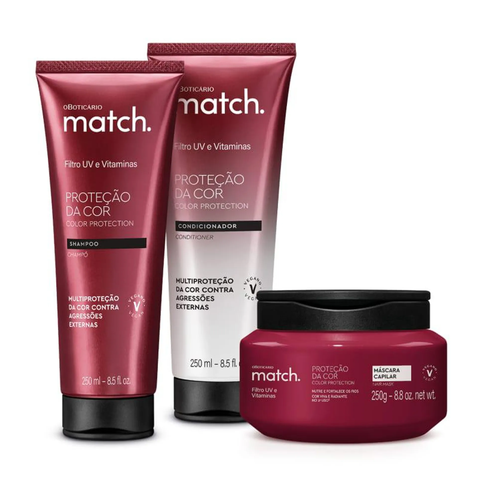 Combo Match. Proteção da Cor: Shampoo 250ml + Máscara Capilar 250g + Condicionador 250ml