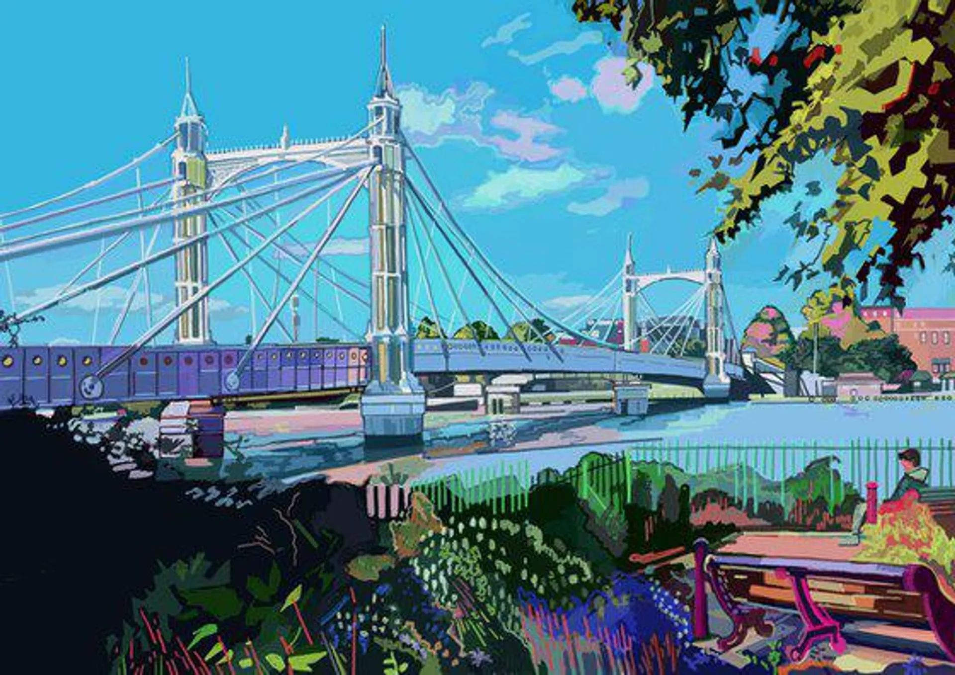 A3 Albert Bridge, South West London Illustration Print (2022)